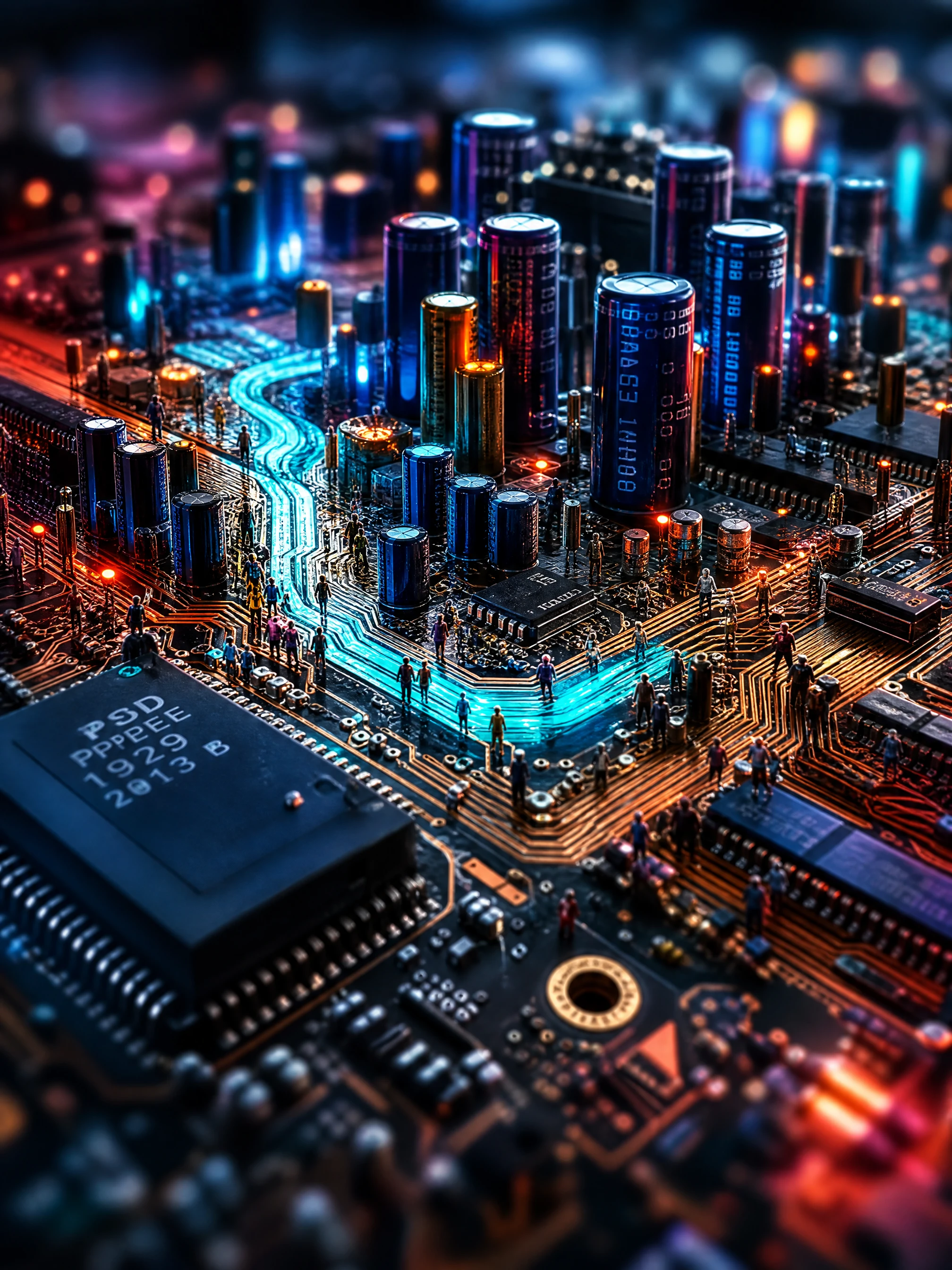 Città microscopica al neon costruita all’interno di un complesso circuito stampato