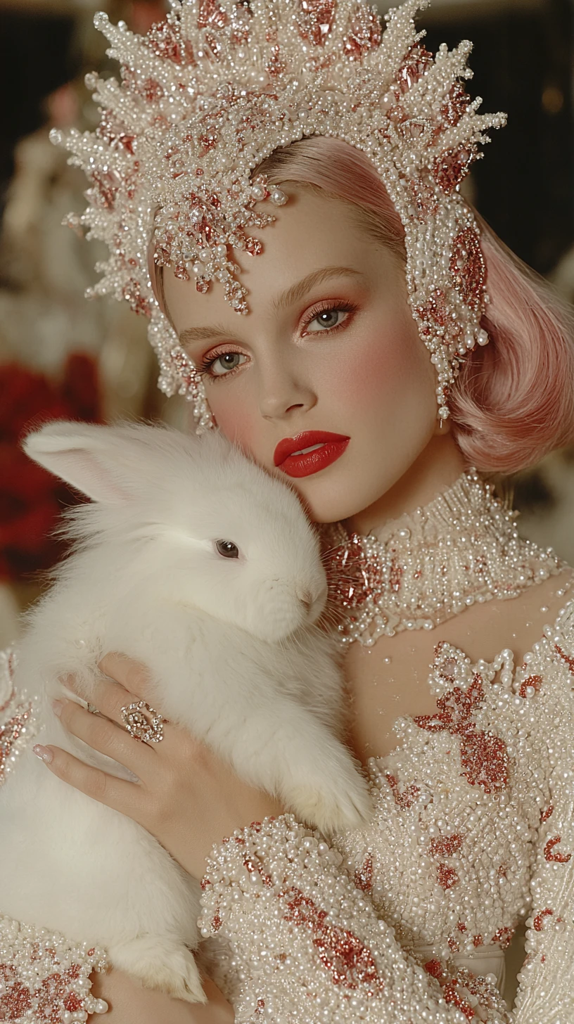 Pink haired girl holding a white rabbit in close up portrait