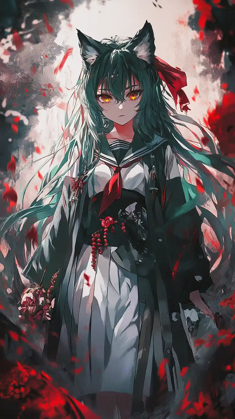 Anime-Mädchen mit grünen Haaren steht in einem Blumenfeld