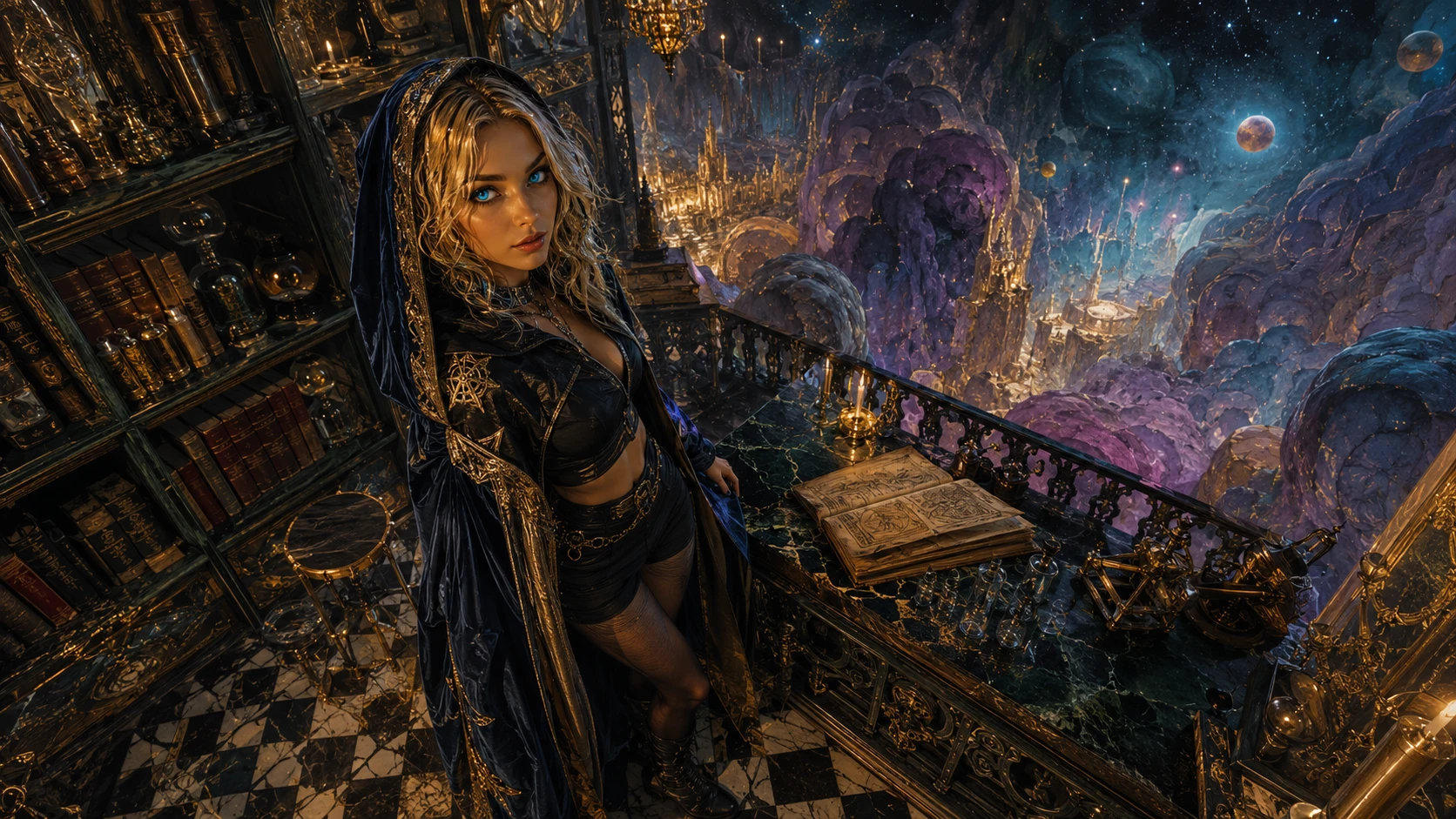 Elegante donna in biblioteca gotica di un alchimista vista dall’alto