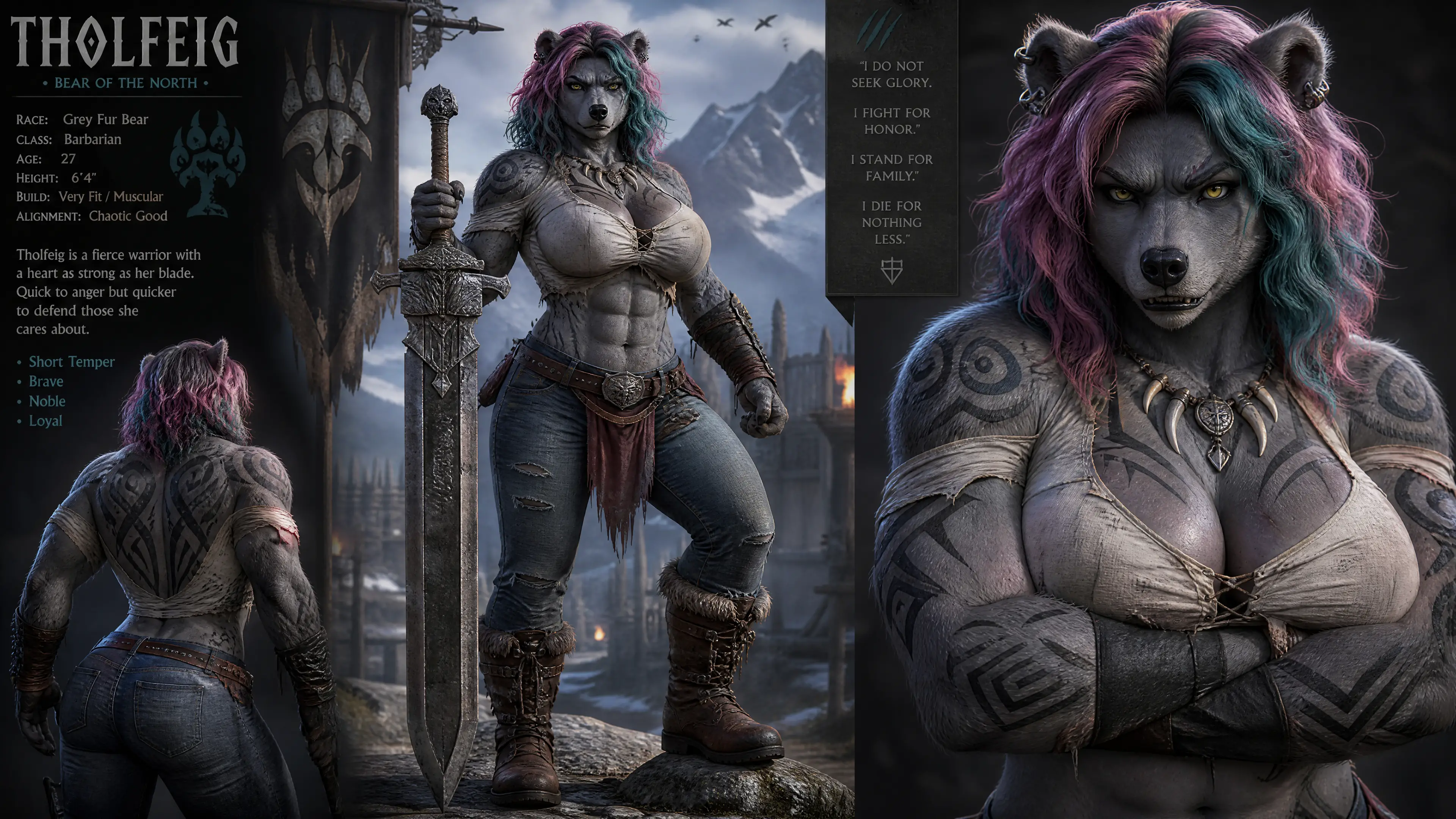 Anthro bear warrior woman with sword in modern clothes