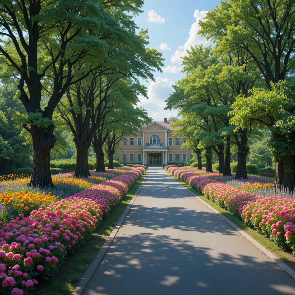 Strada di campagna fiancheggiata da fiori e alberi verdi