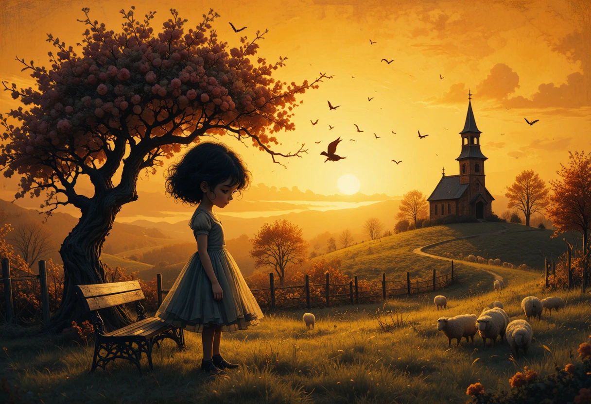 Melancholisches Mädchen und kaputte Puppe bei Sonnenaufgang auf dem Land