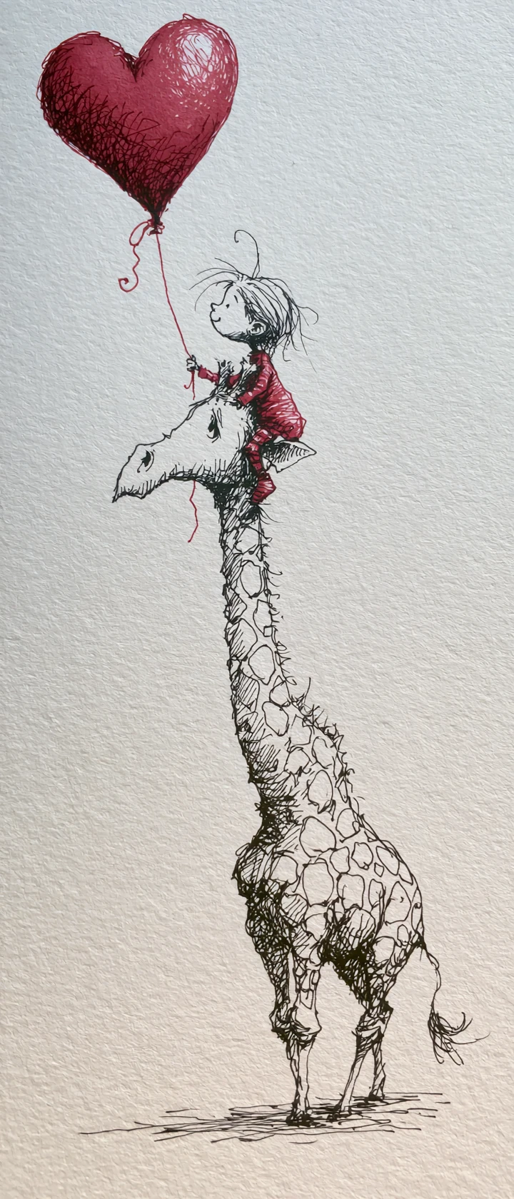 Minimal line drawing of giraffe with toddler and heart balloon
