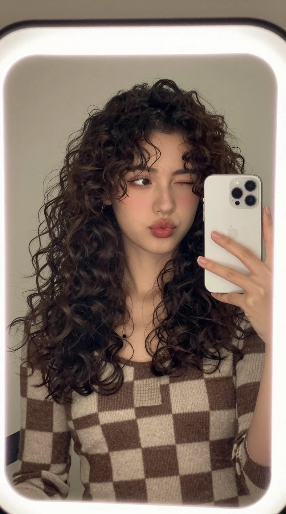 Selfie alegre no espelho de uma mulher com cabelo cacheado