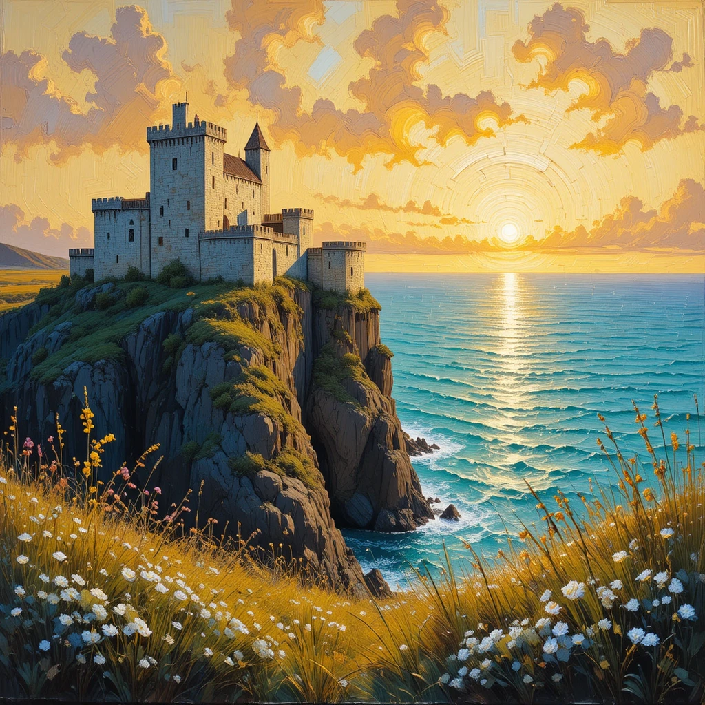 Castelo impressionista em penhasco rochoso sobre mar turquesa ao pôr do sol