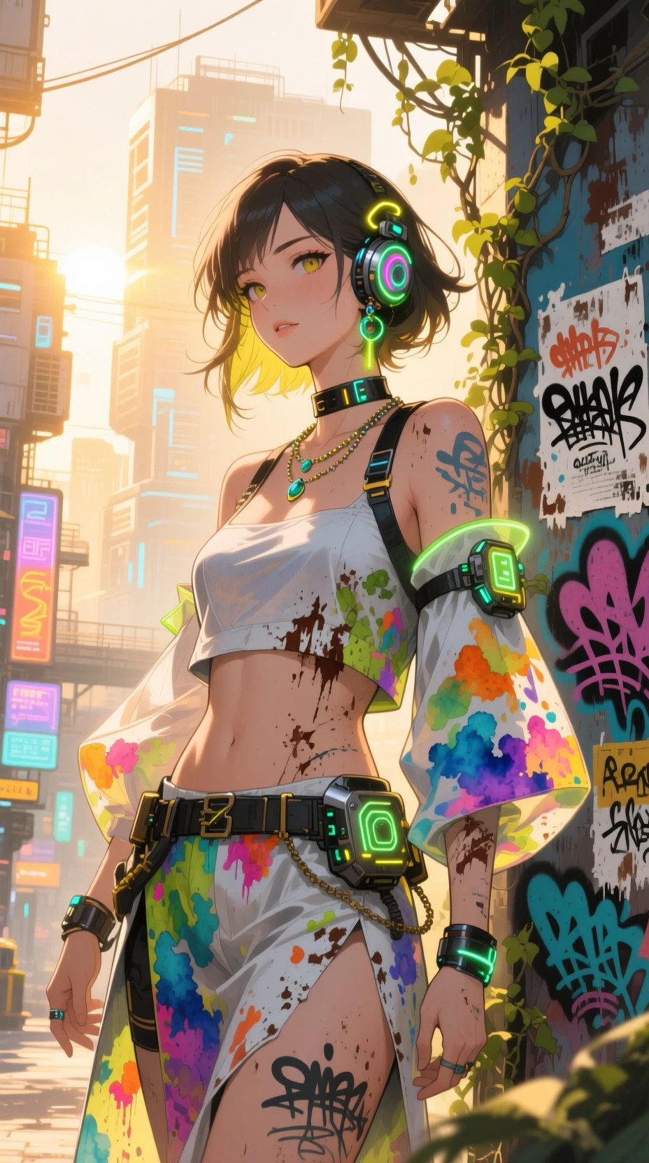 Mulher confiante de verão em uma cidade futurista brilhante