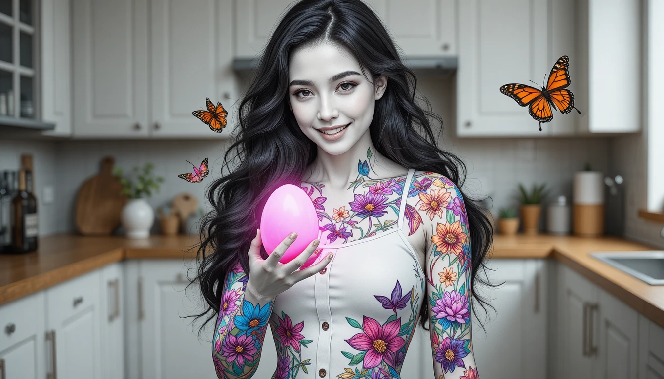 Smiling woman holding a glowing pink egg in kitchen