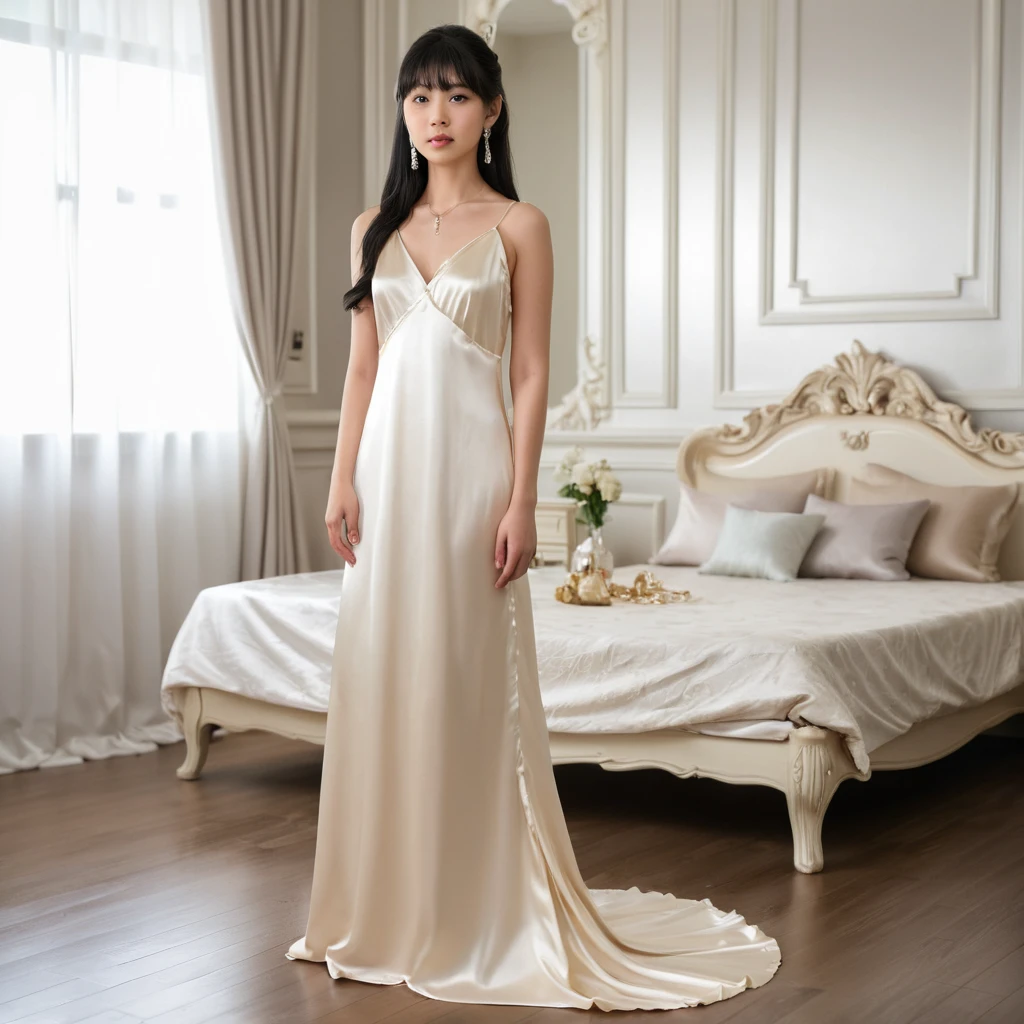 Garota japonesa elegante em vestido de noite de cetim marfim