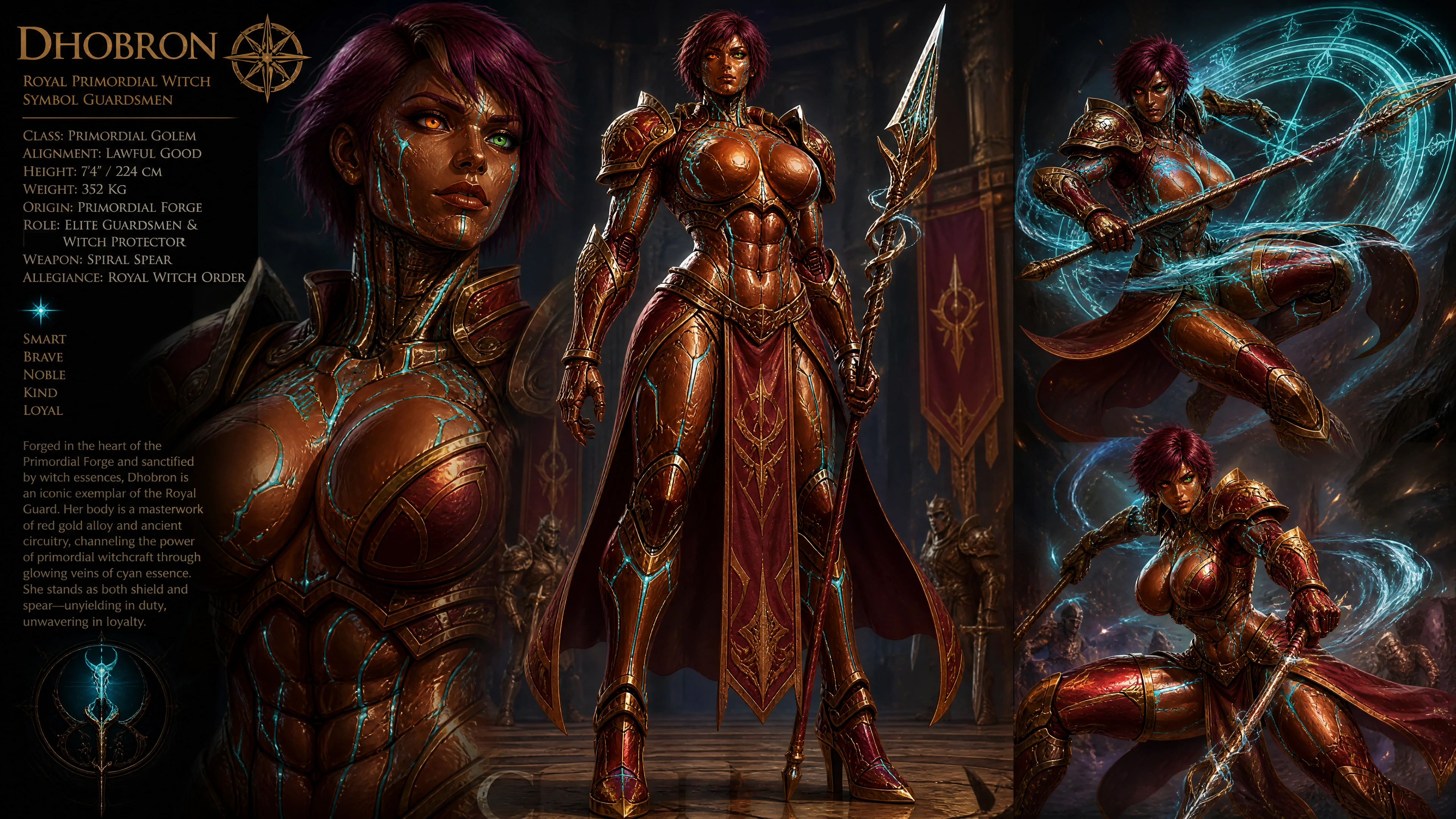 Alta mulher golem vermelho-dourado em uniforme da guarda real