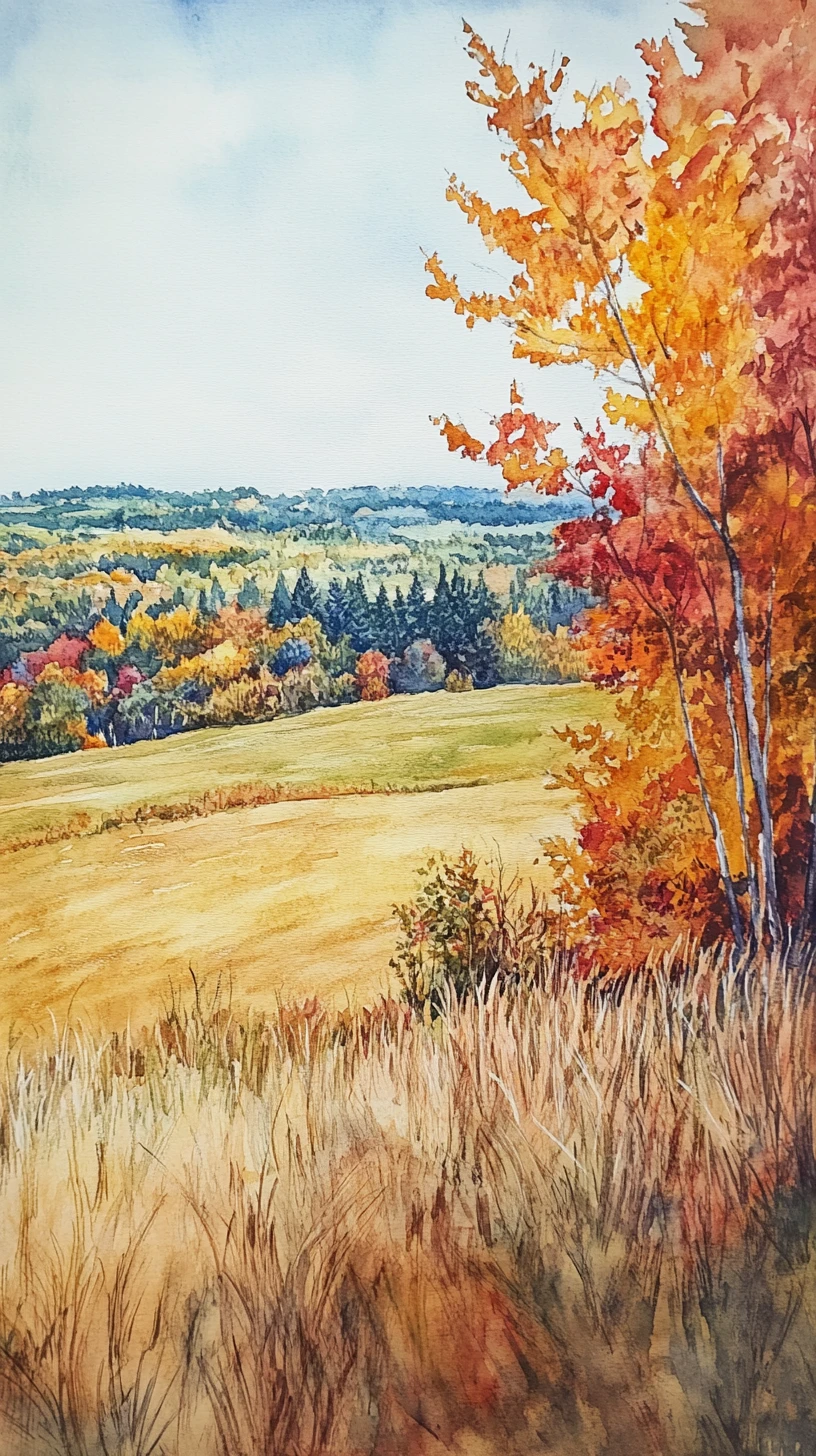 Paisagem de primavera em aquarela com árvores e capim alto