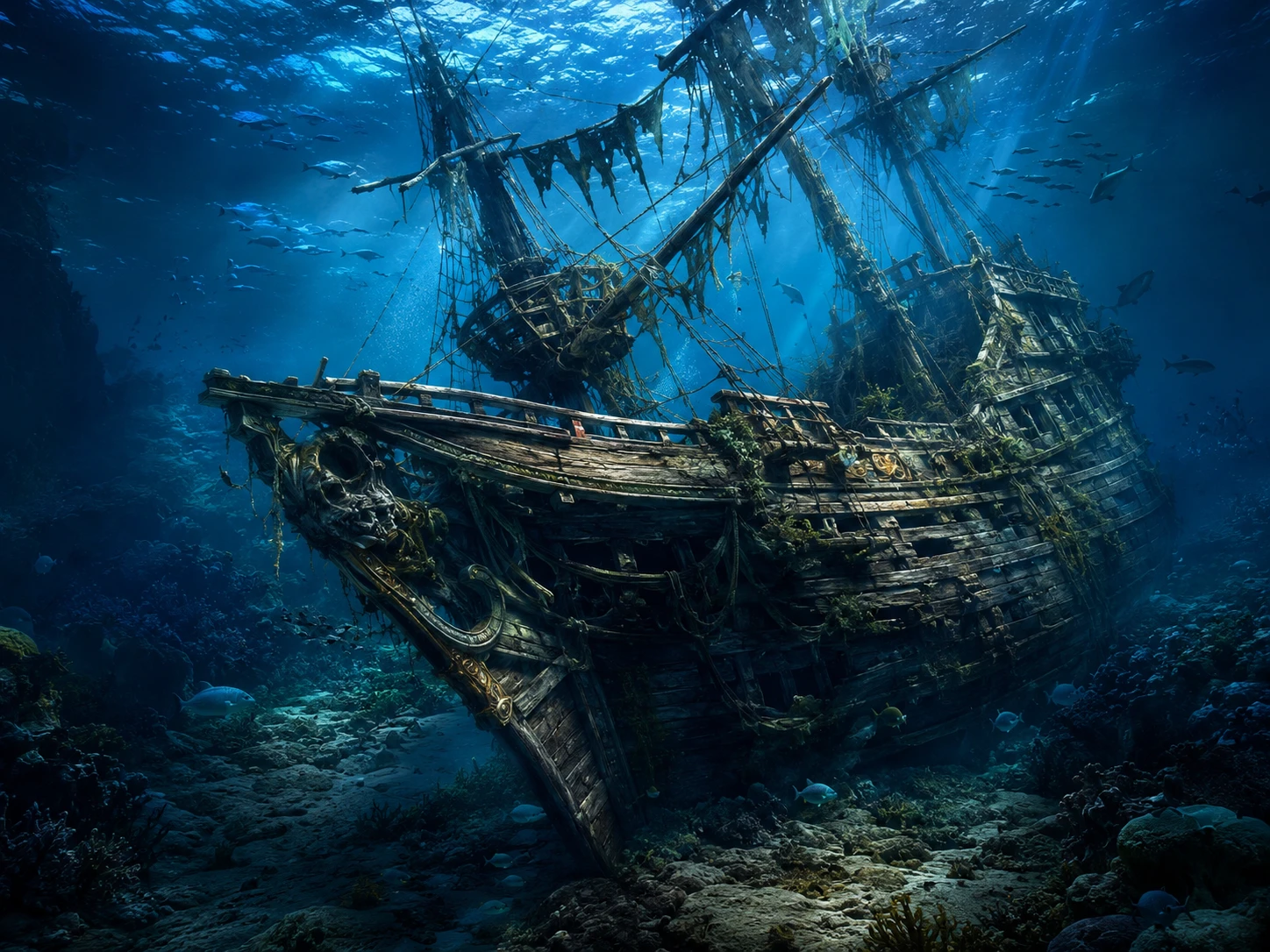 Broken pirate ship resting on the seafloor underwater