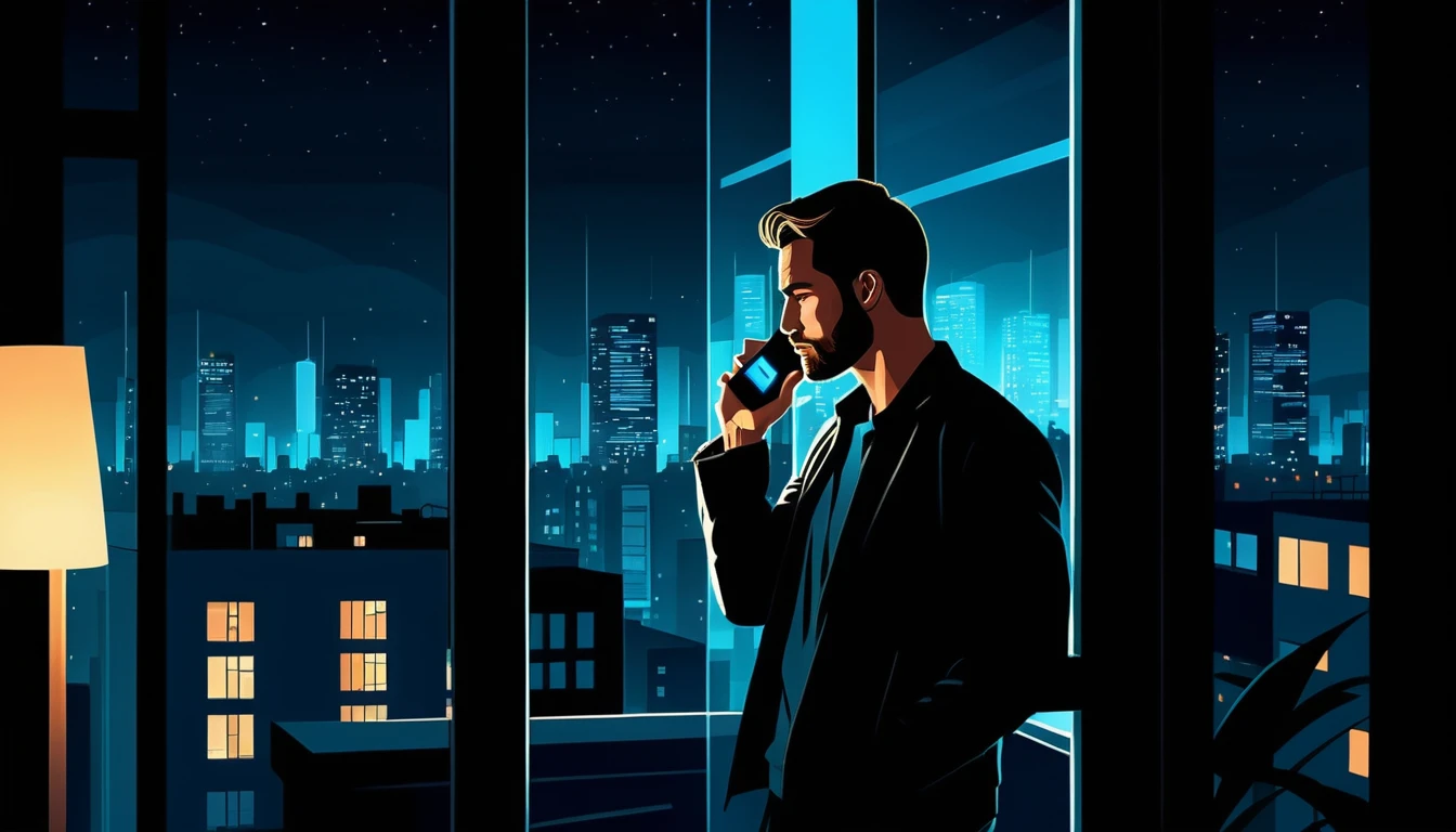 Man With Glowing Phone At Night In City Apartment