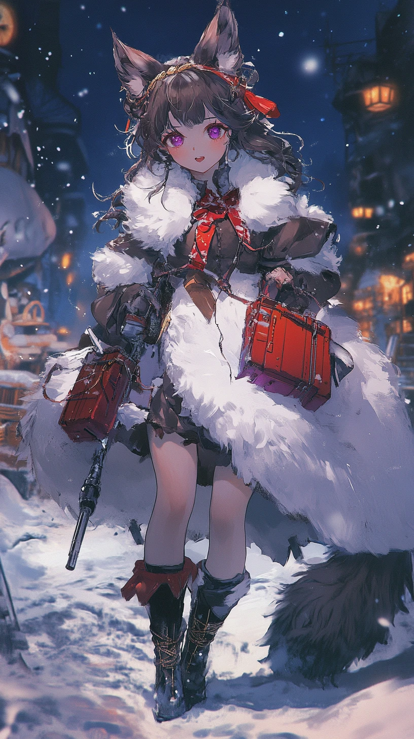 Fille anime en robe d’hiver sur un escalier avec fusil d’assaut
