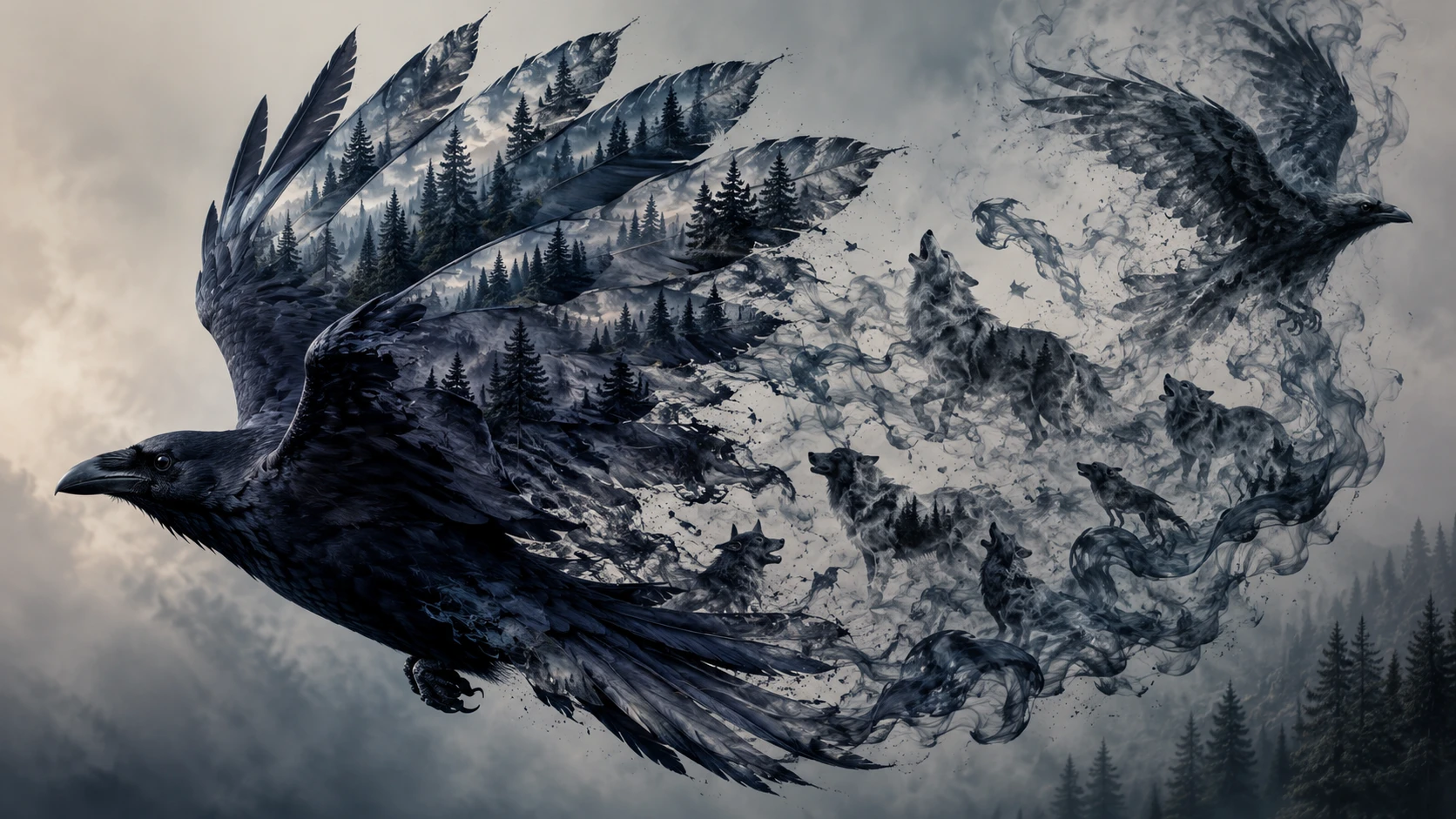 Corvo Formado por Penas, Florestas, Lobos e Fumaça