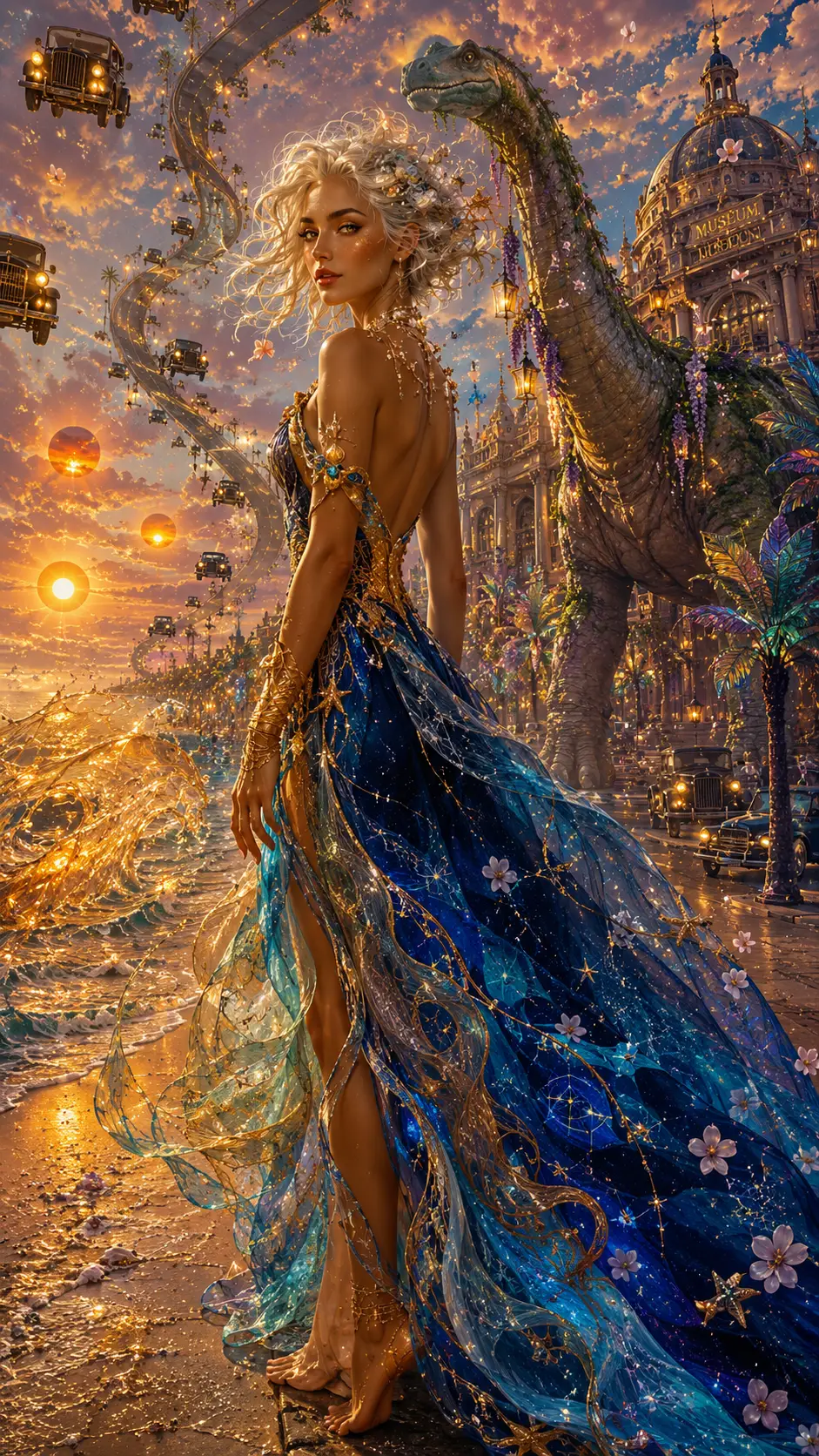 超現實女子站在水晶般的海灘夕陽下