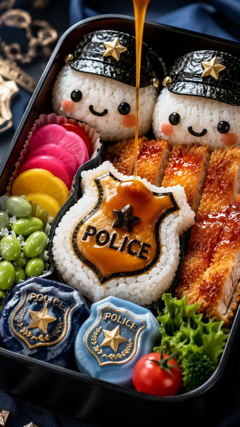 Bento poliziotto in stile anime con food art dettagliata