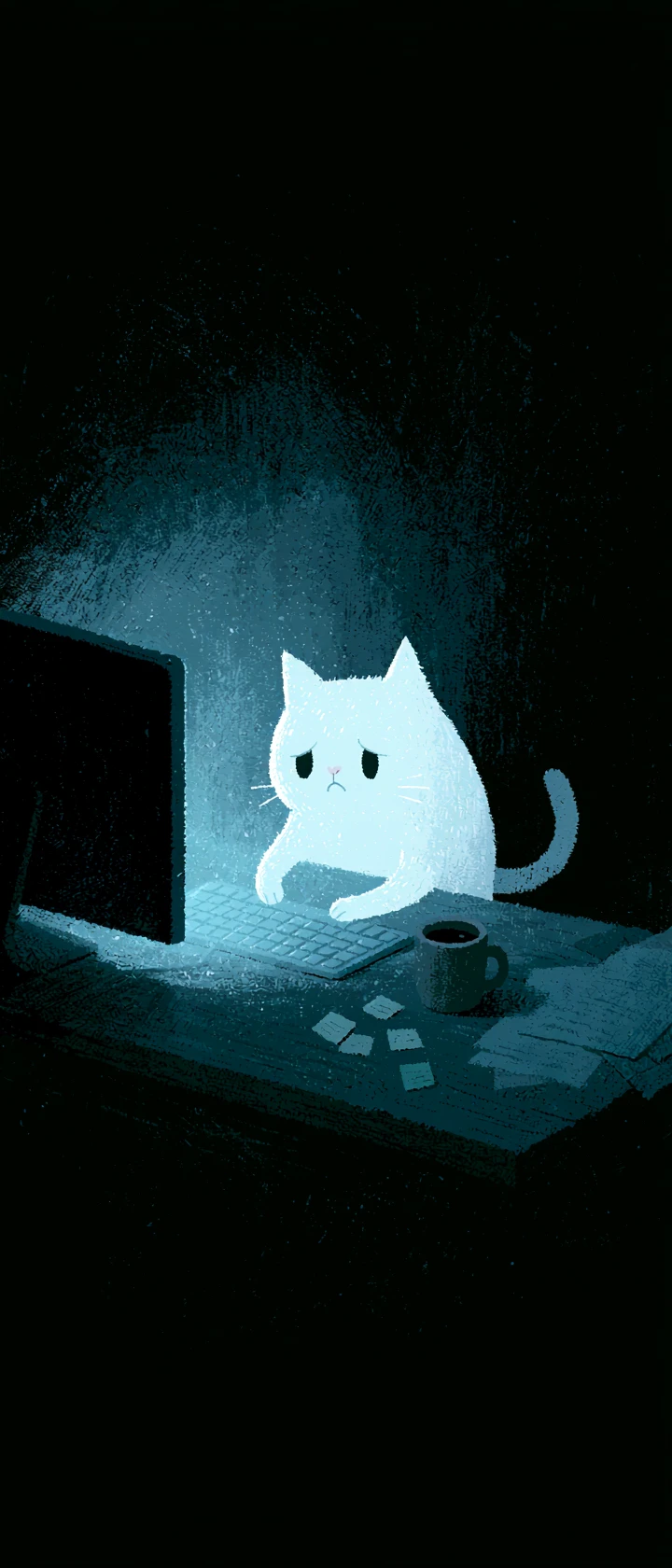 Gato branco sonolento diante de um monitor brilhante em um minúsculo espaço de trabalho