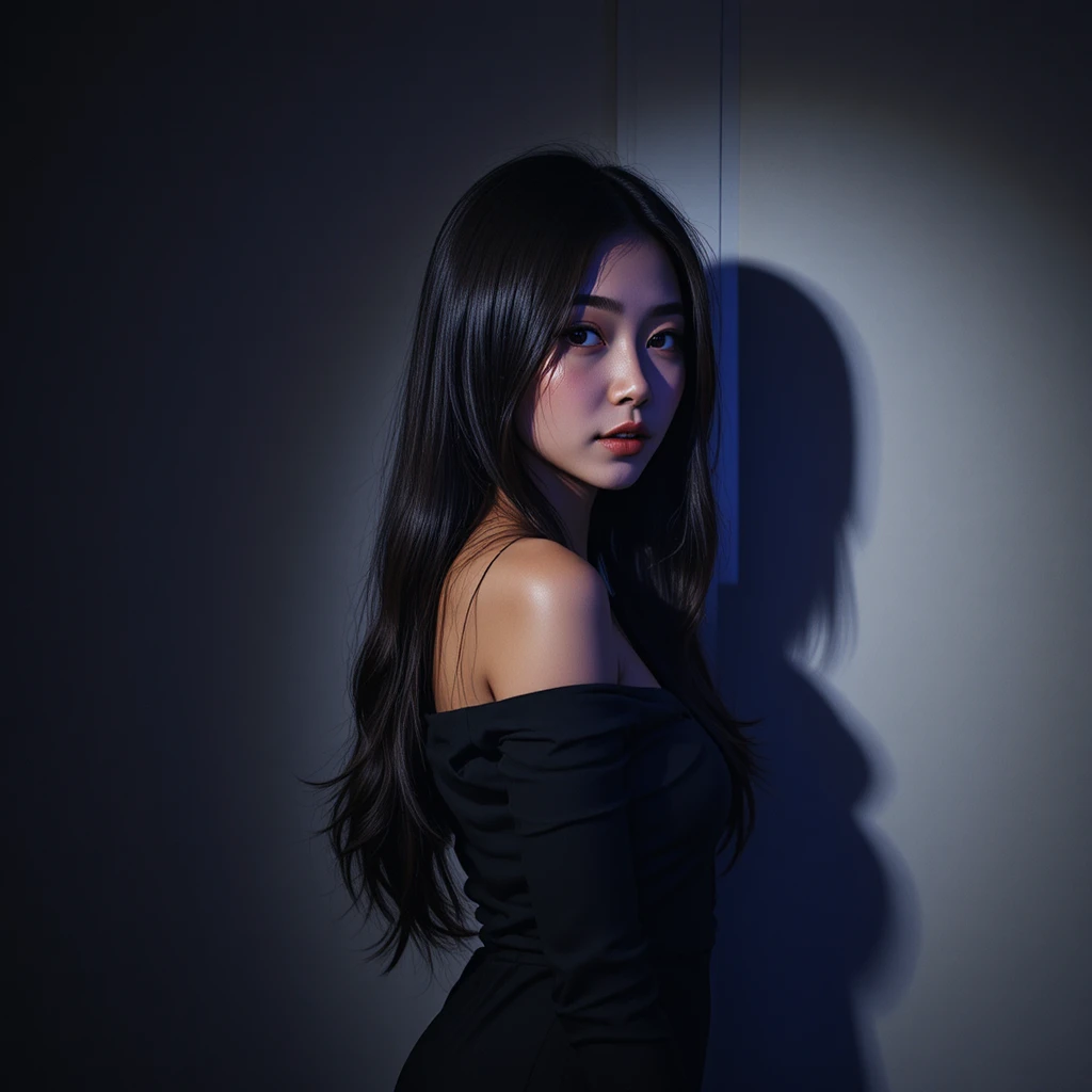 Woman in black dress with dramatic side lighting