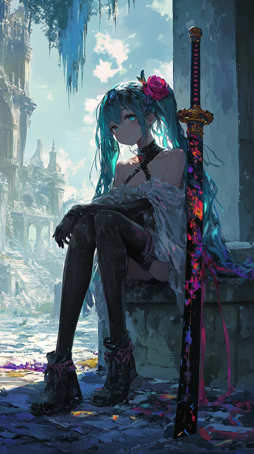 Ragazza anime su una panchina in una città post-apocalittica in rovina