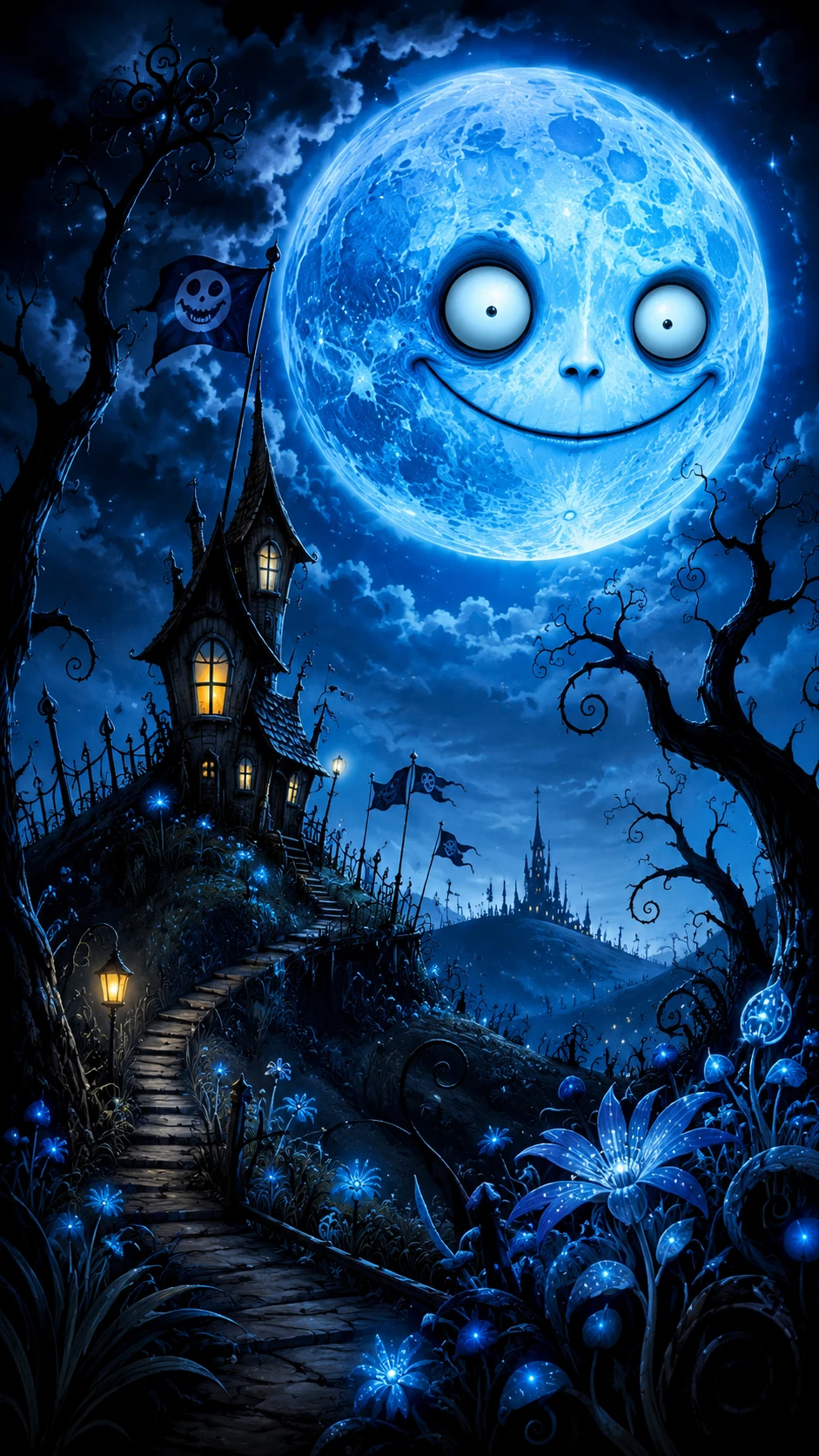 Glowing Blue Moon Over Dark Surreal Forest Landscape