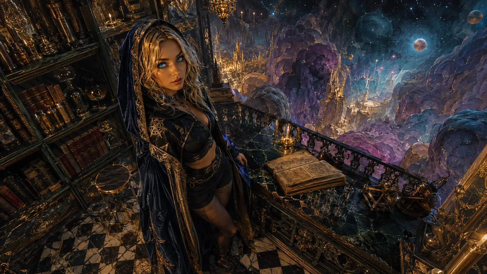 Mulher elegante em biblioteca gótica de alquimista vista de cima