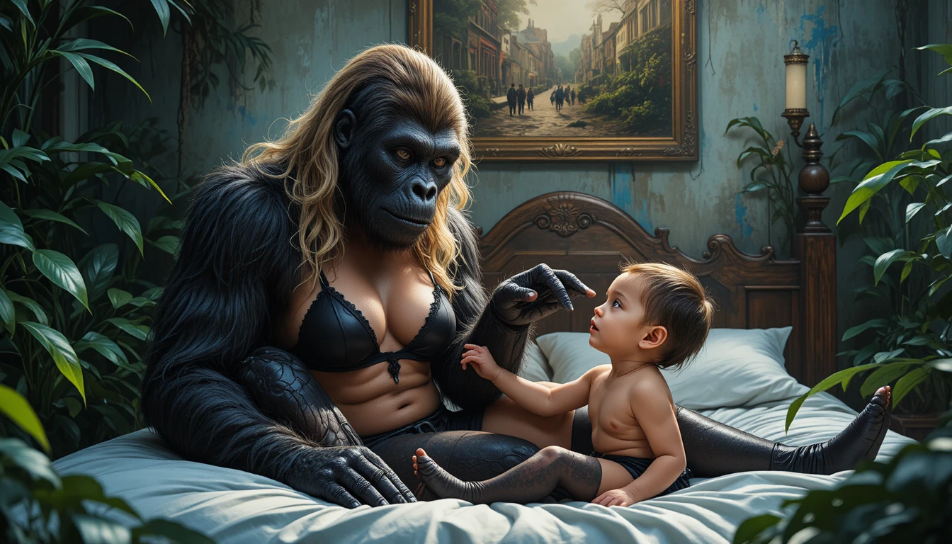 Sanfter Gorilla berührt die Hand eines neugierigen Babyjungen
