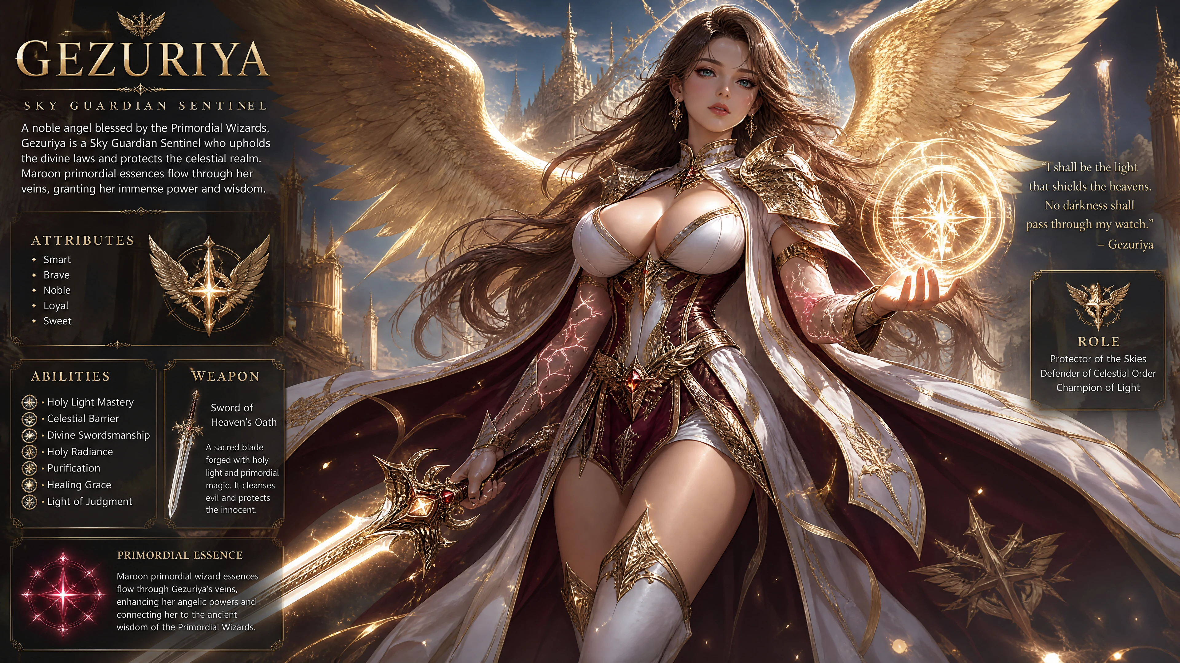 Golden winged angel warrior in celestial guardian armor