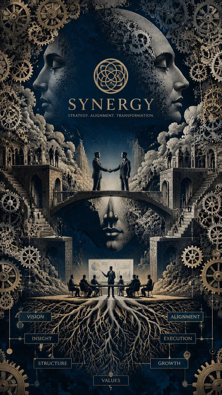 Surreal gears forming a fictional corporate synergy scene