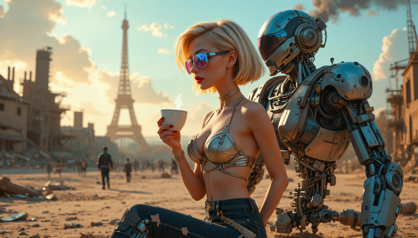 Cyberpunk blonde warrior woman in studio fashion pose