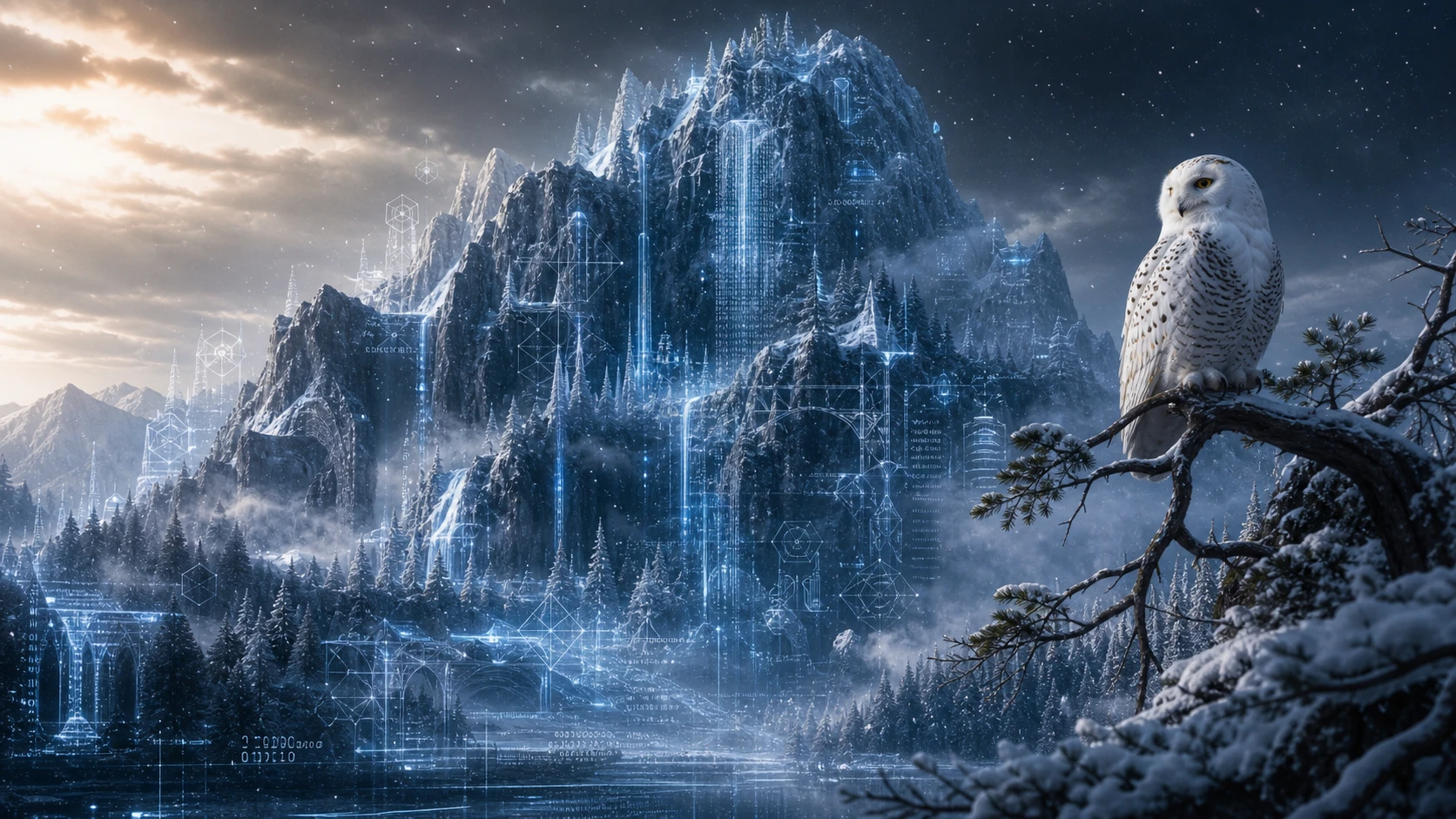 Coruja-das-neves em uma paisagem digital de floresta e montanha de inverno
