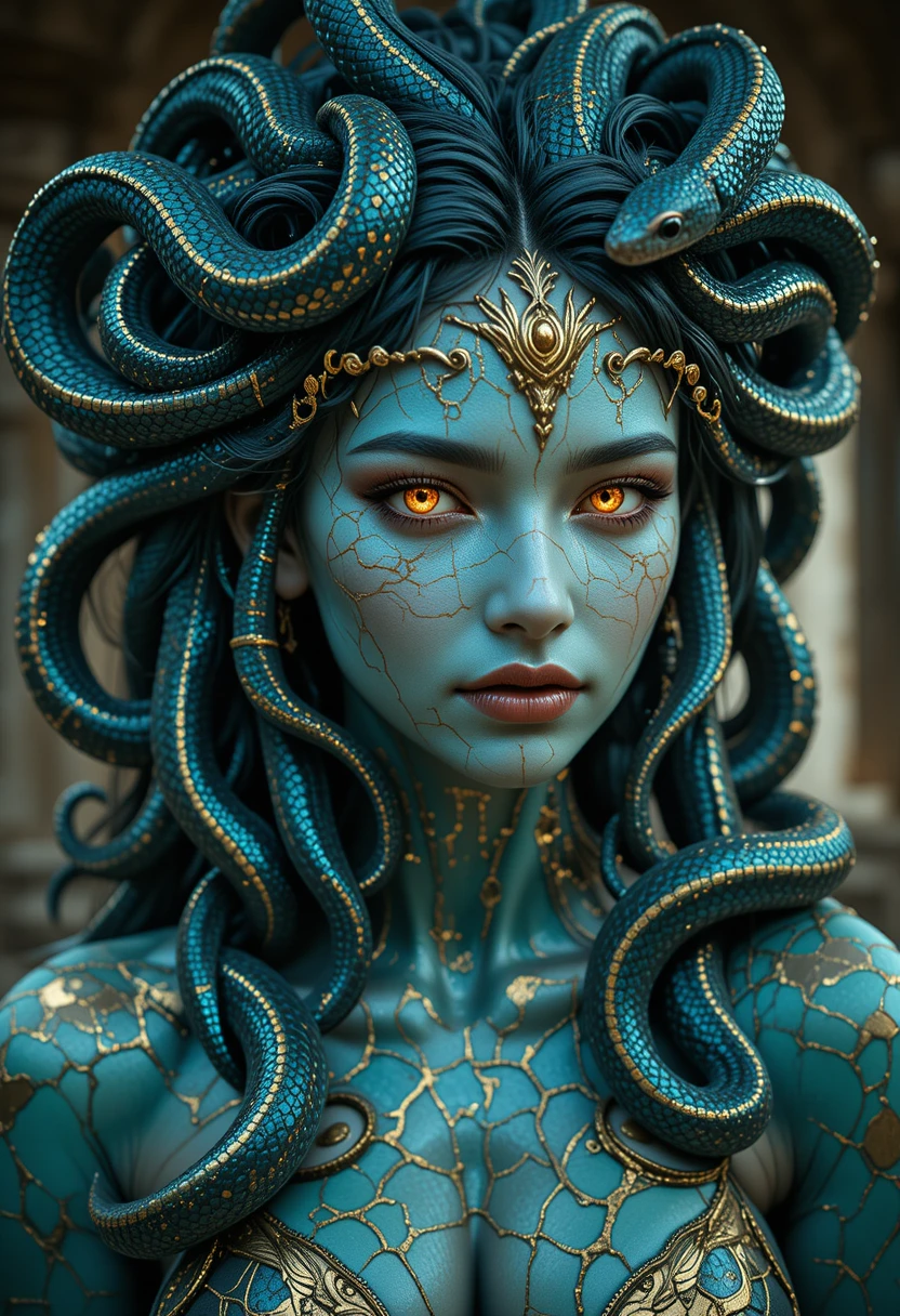 Donna ispirata a Medusa con occhi dorati e capelli a tentacoli