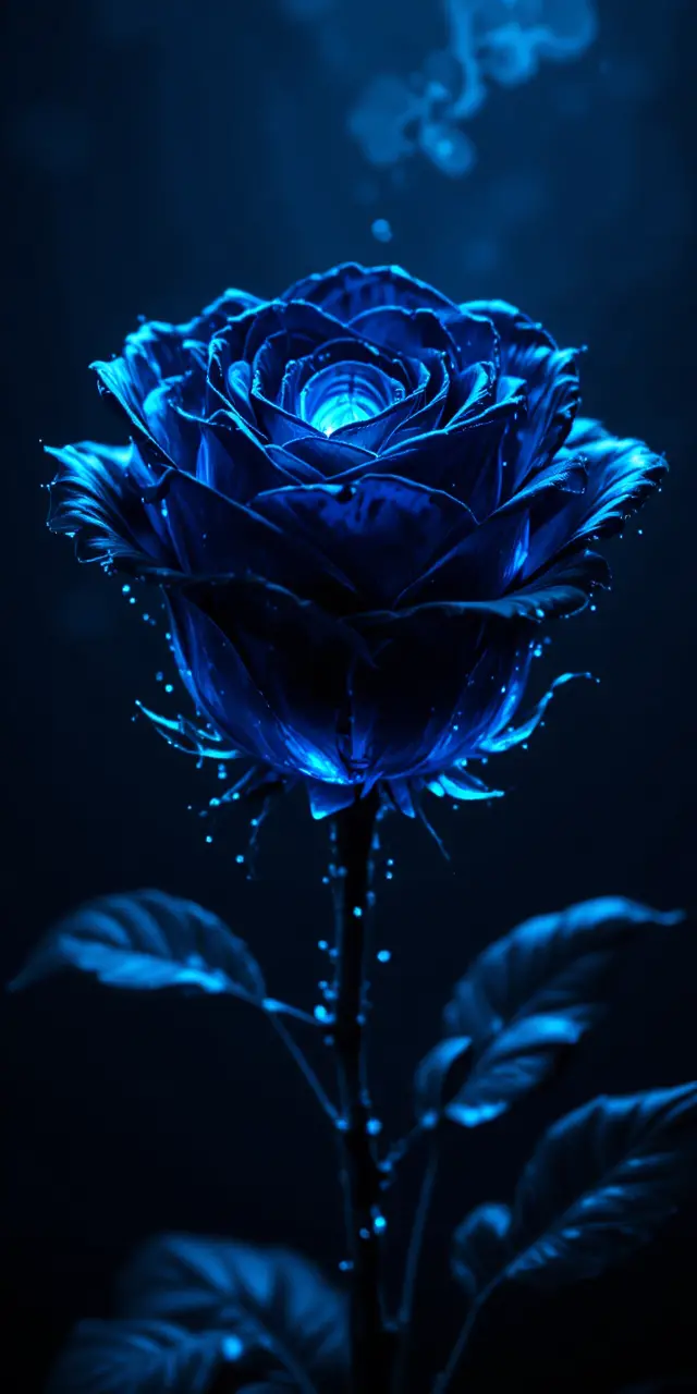 Glowing Black Rose With Blue Light On Dark Abstract Background