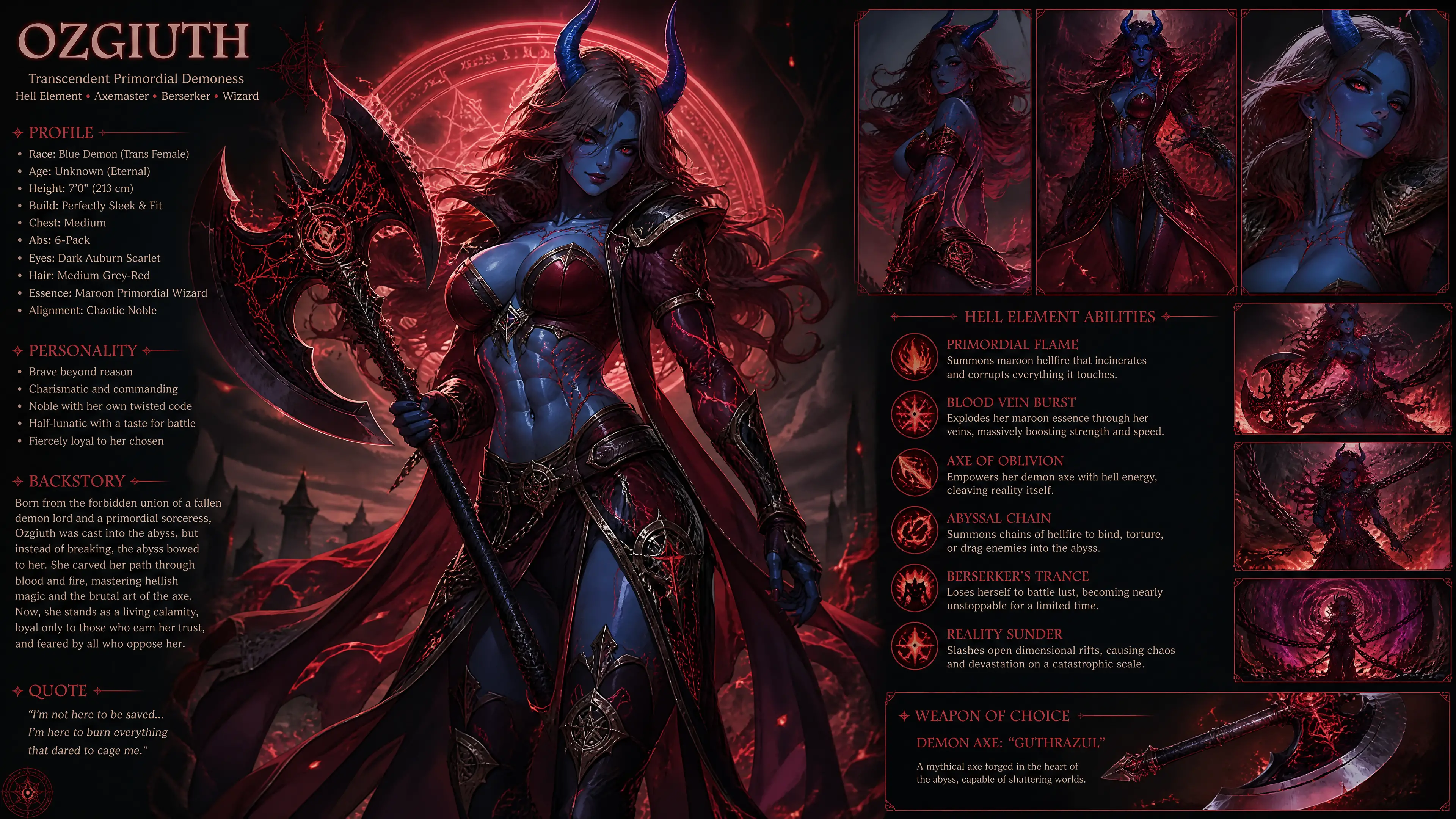 Blaue Dämonen-Zauberin in königlicher Berserker-Rüstung