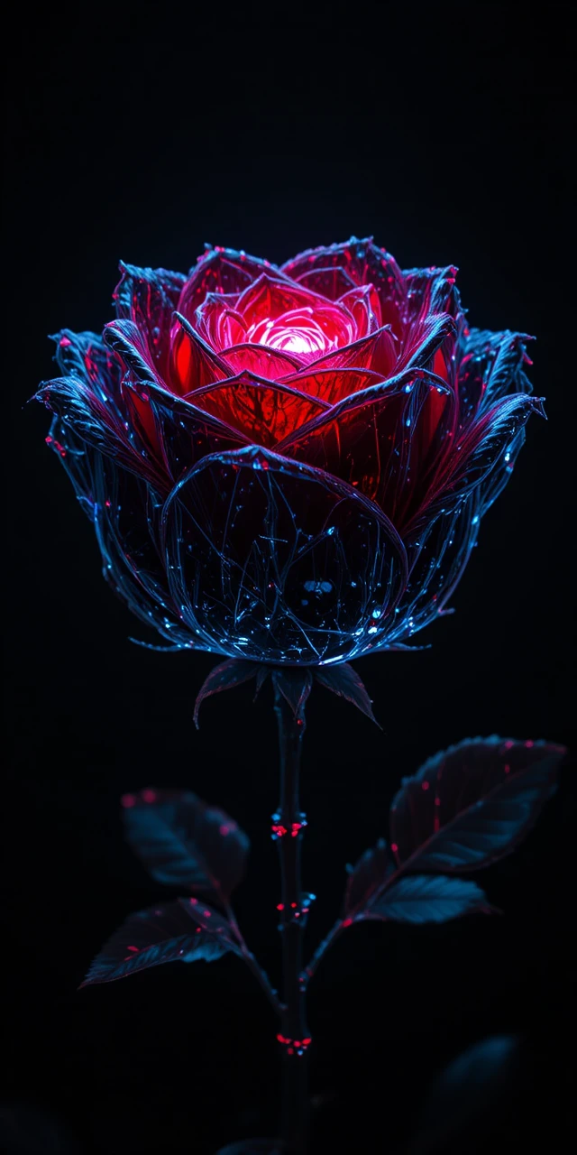 Leuchtende schwarze Rose mit Glasblättern vor dunklem Hintergrund