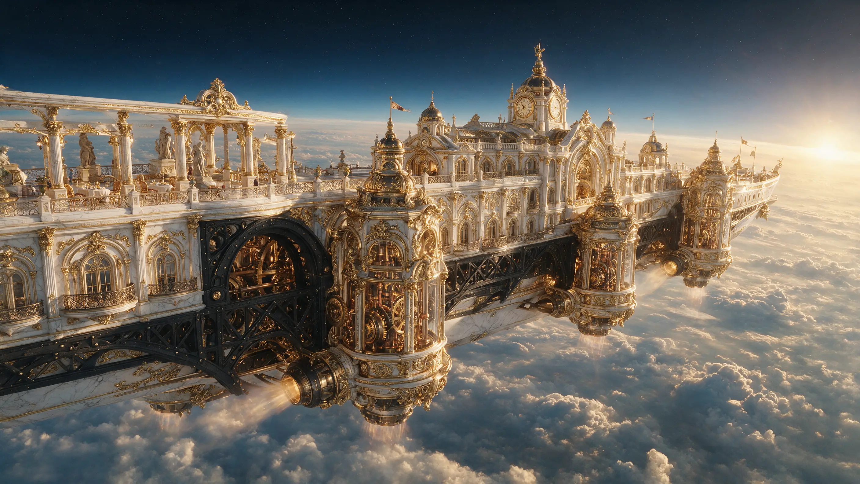Luxury baroque airship cruising high above the clouds