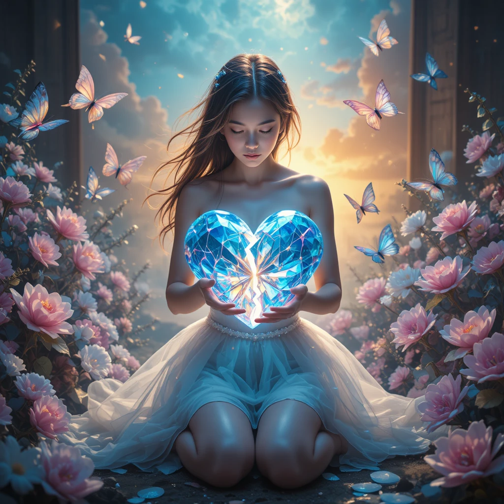 Chica arrodillada con corazón de cristal de luz en transformación