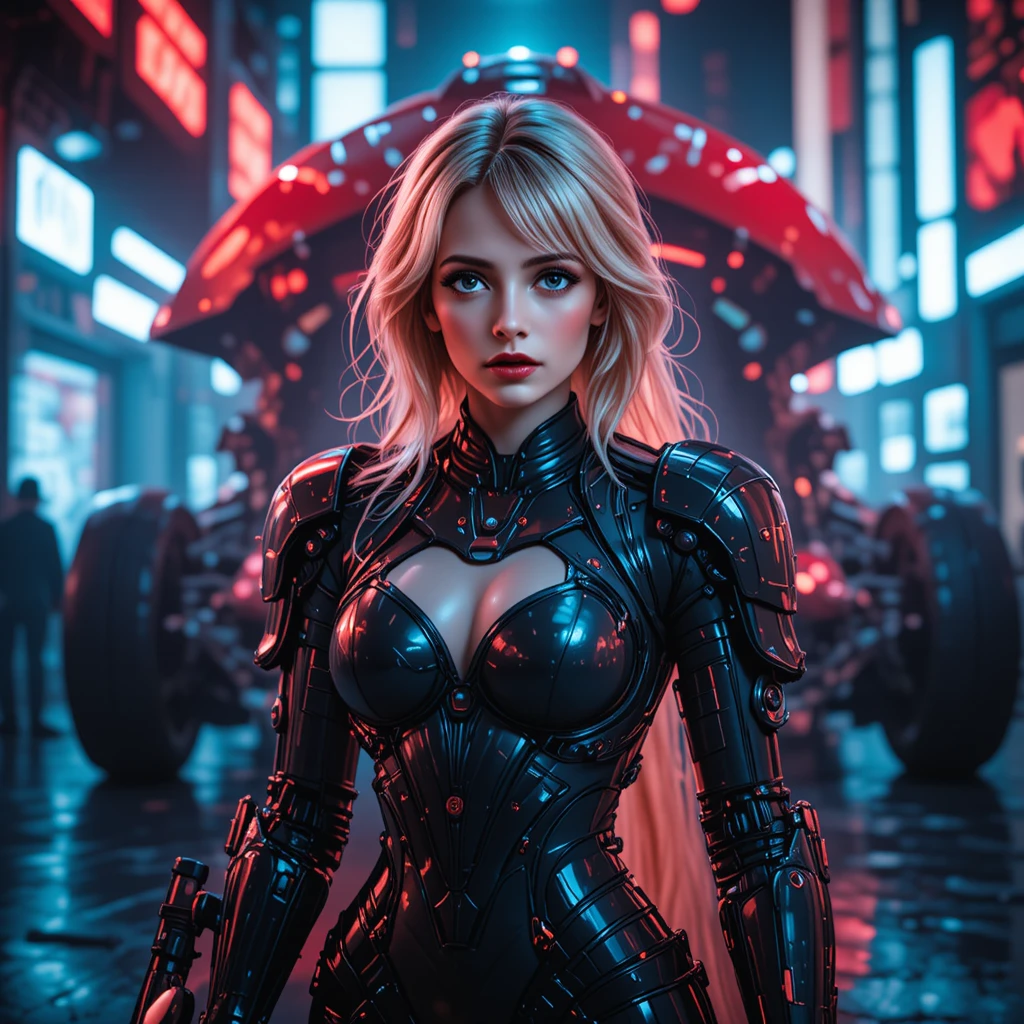 Guerriera cyborg in una strada neon di città cyberpunk