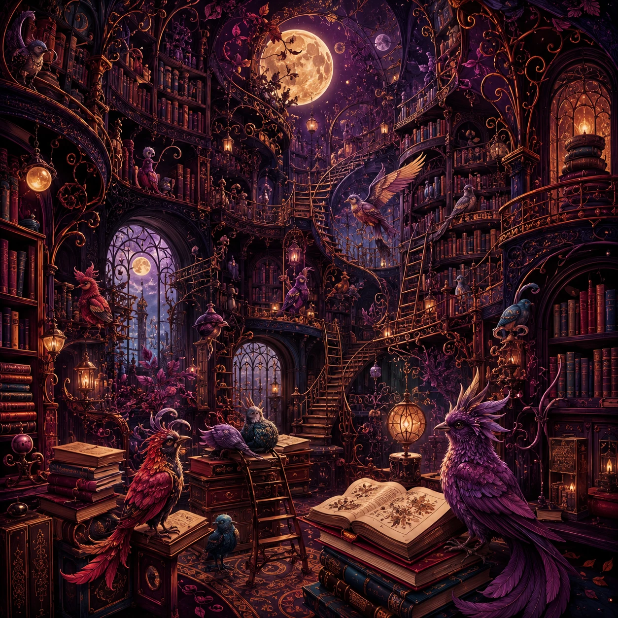 Enchanted library of books transforming into feathered creatures