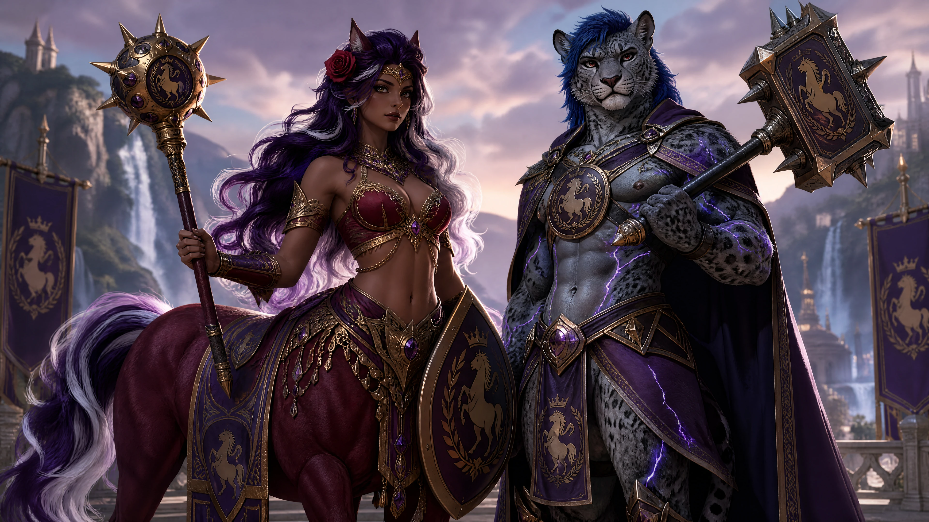 Regal female centaur queen with mace and shield