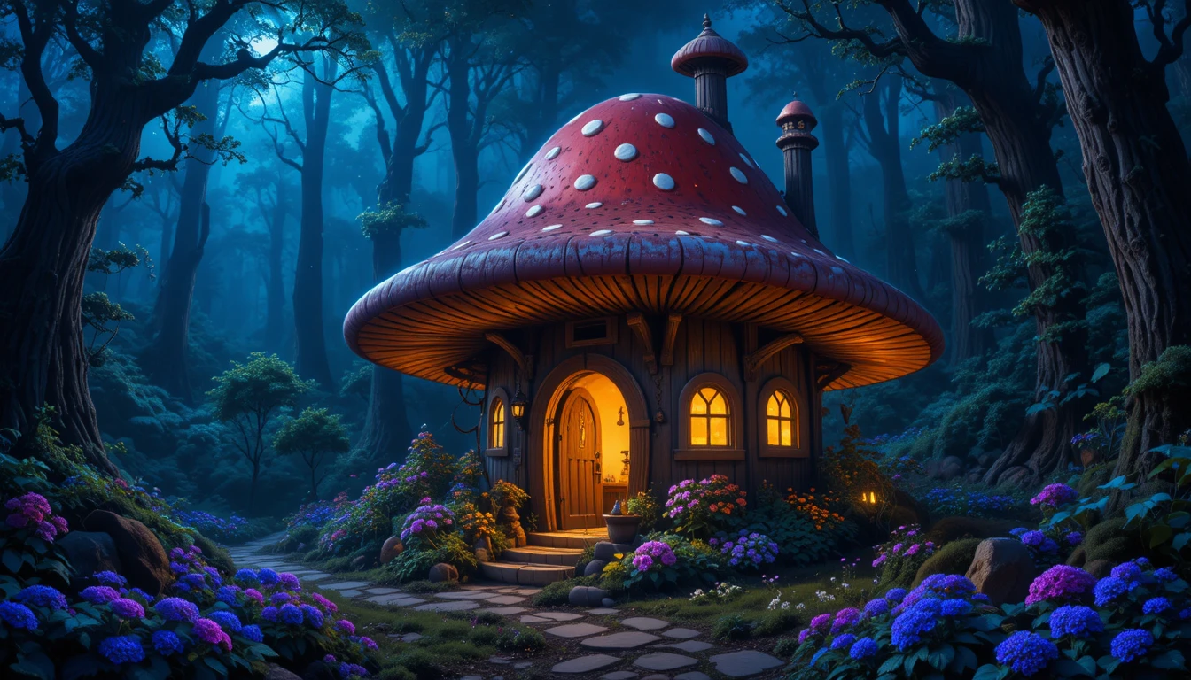 Acogedora cabaña de setas brillando en un bosque encantado