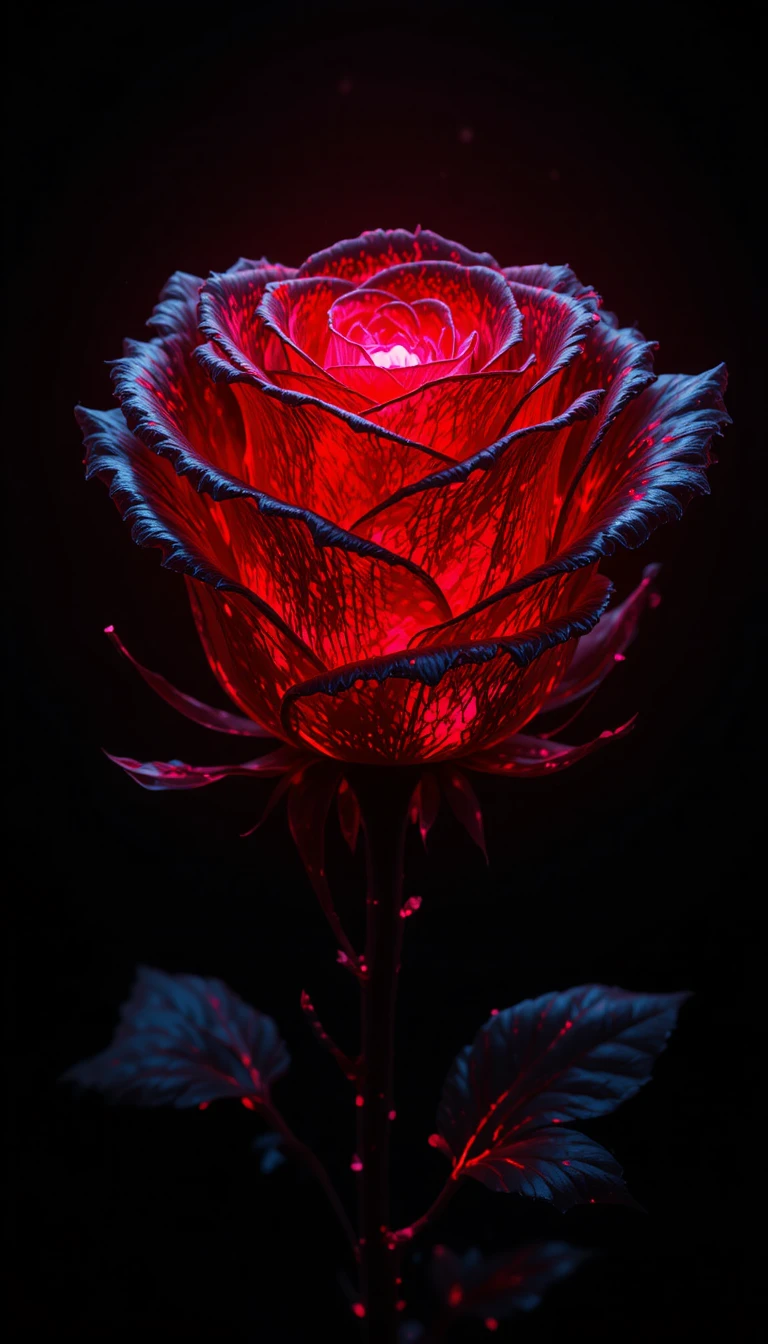 Rosa negra brilhante com luz vermelha em fundo escuro