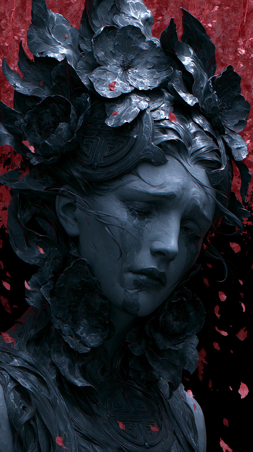 Escultura de mulher pesarosa florescendo sob pétalas de cerejeira caindo