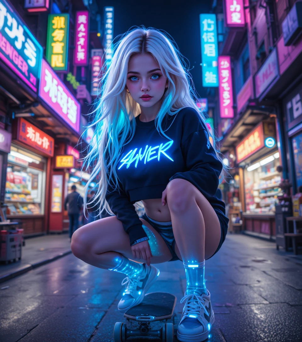 Neon haired skater girl in futuristic night city