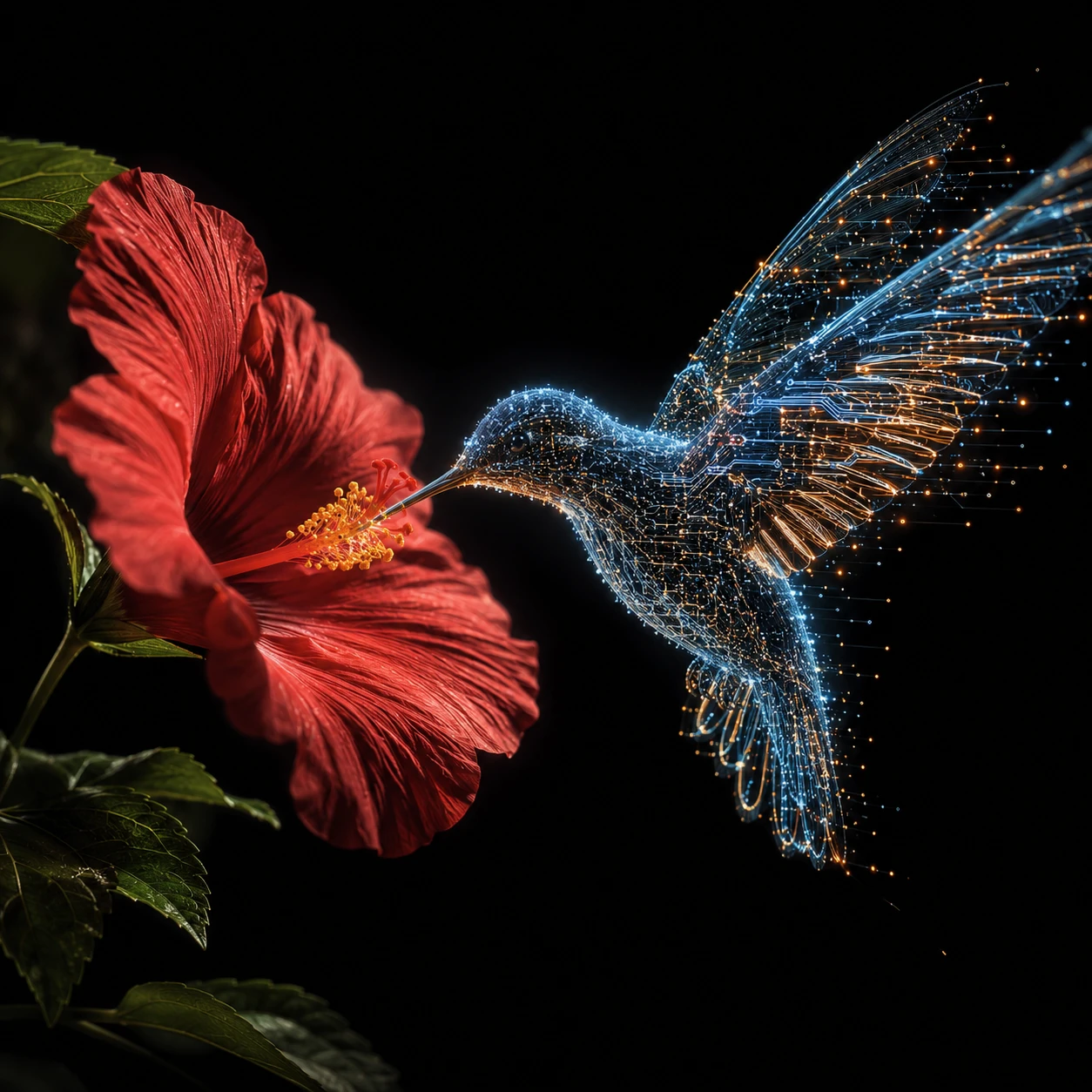 Colibri numérique avec hibiscus sous un éclairage artistique dramatique