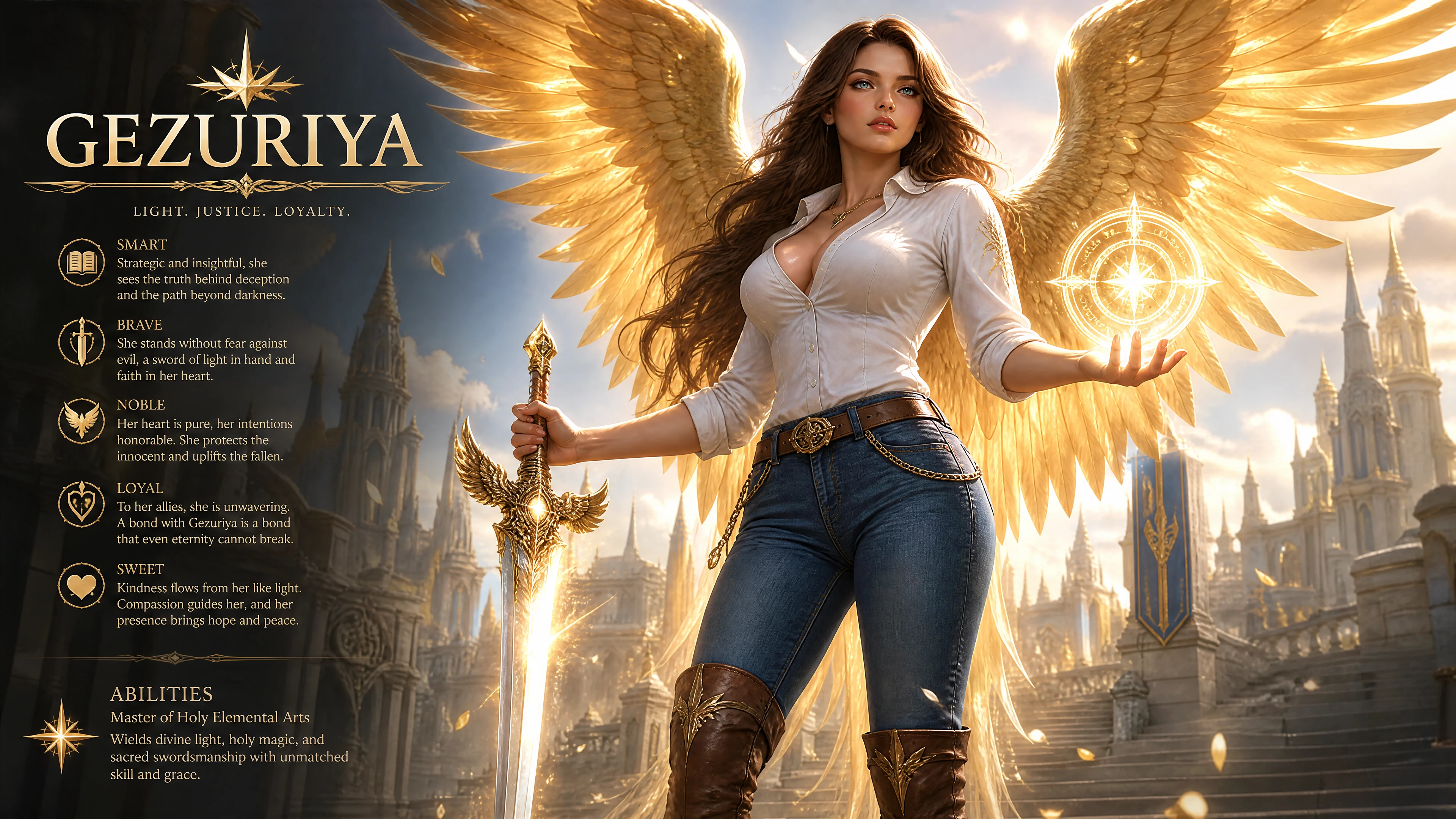 Brave angelic woman with golden wings and sword