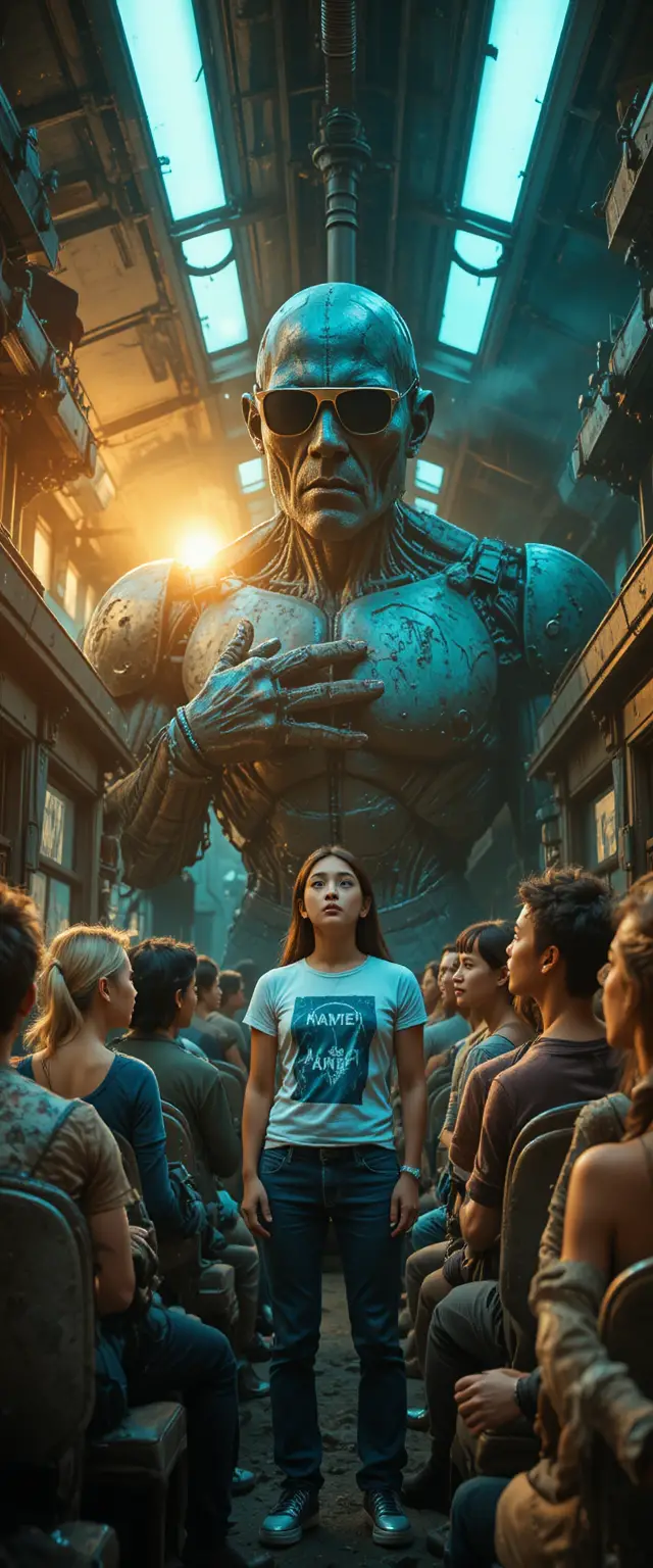 Niña y niño frente a un colosal robot oxidado al atardecer