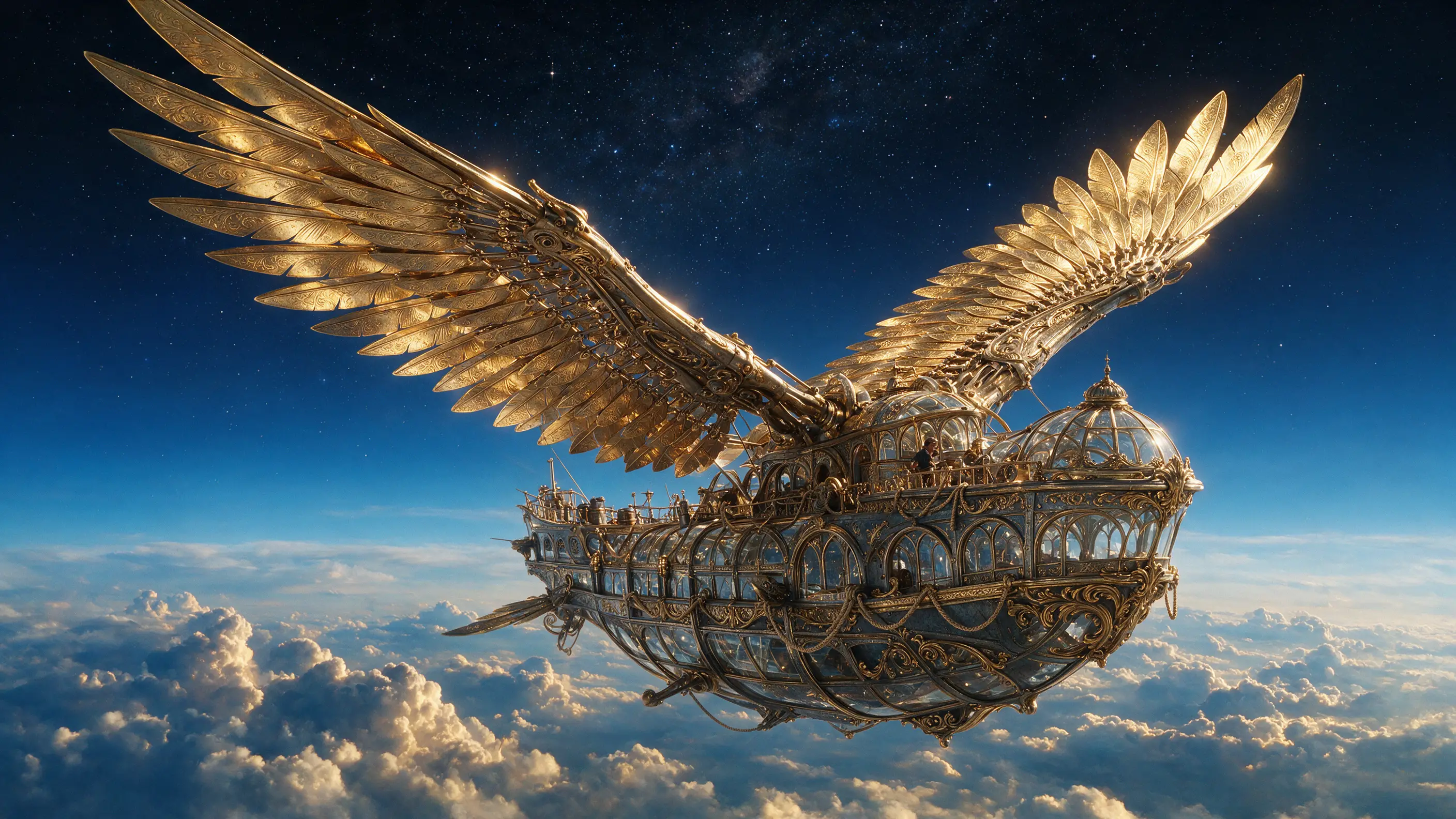 Gigantic brass winged airship climbing toward space