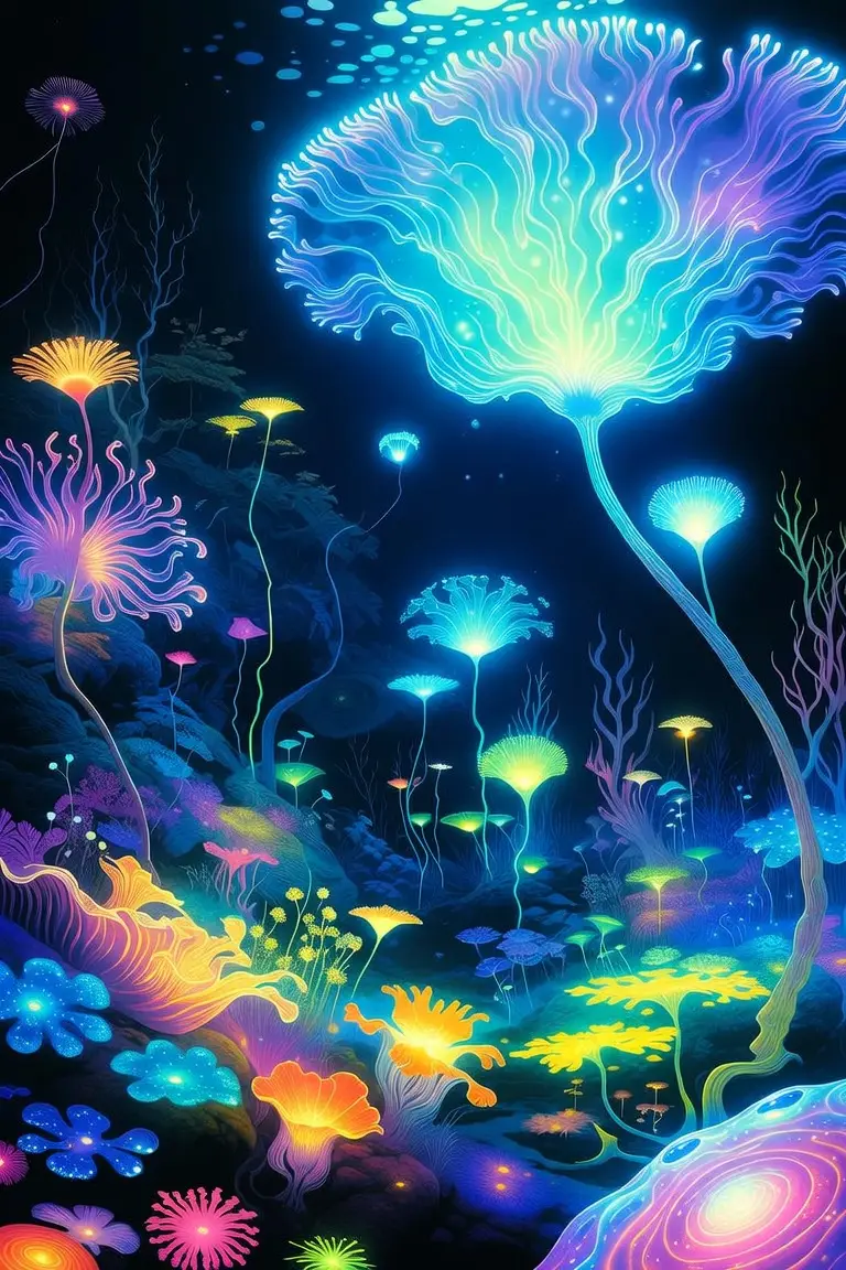 Surreale biolumineszente Tiefseewelt mit leuchtendem Leben
