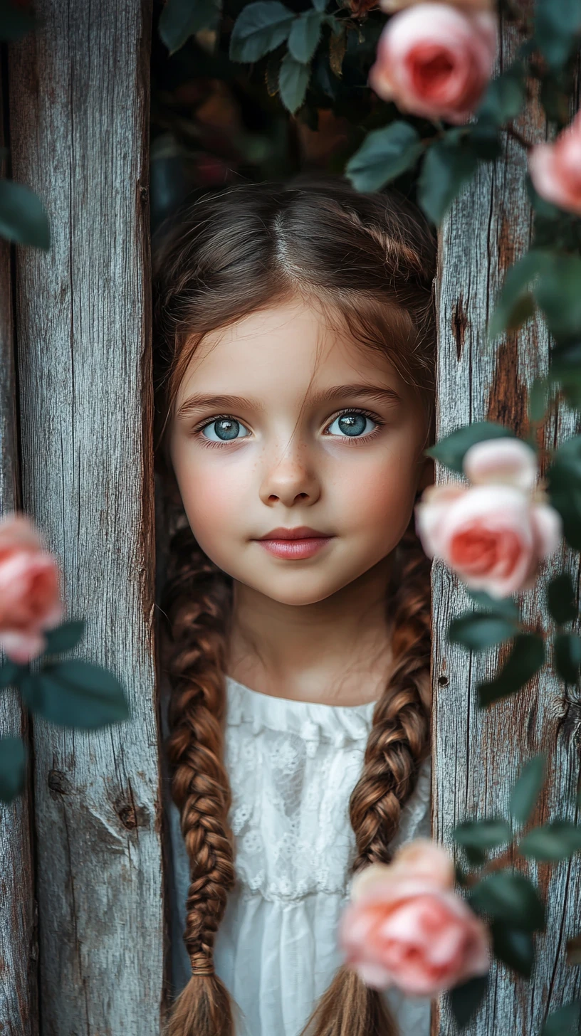 Little girl peeking through fence amid blooming pink roses